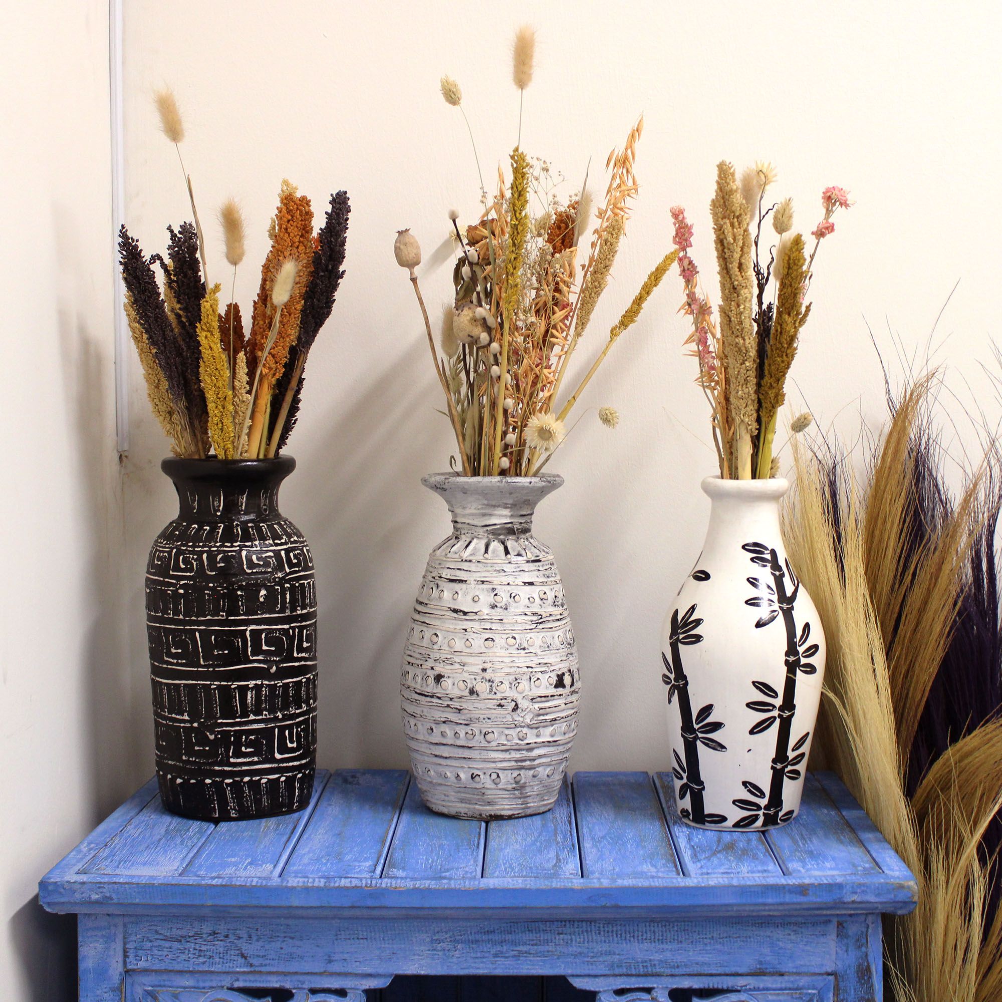 Bamboo Motif Straight Vase - Natural - handmade
