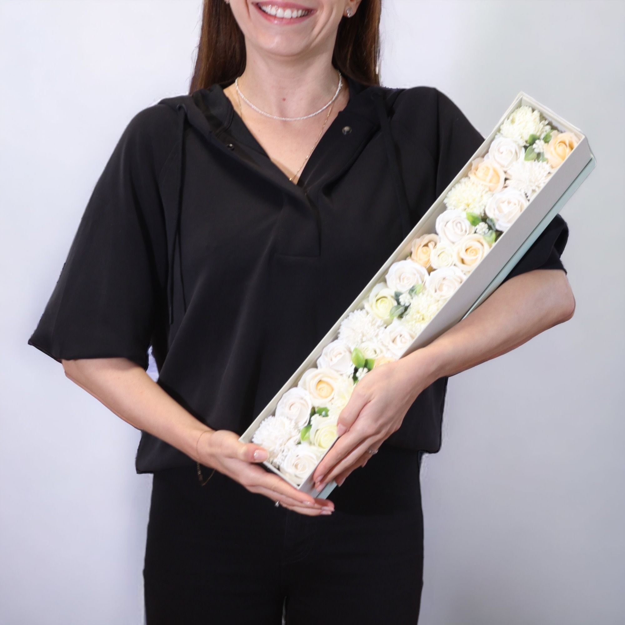 Extra Long Box - Wedding Blessings - White & Ivory - handcrafted Soap Flower Gift Round Box