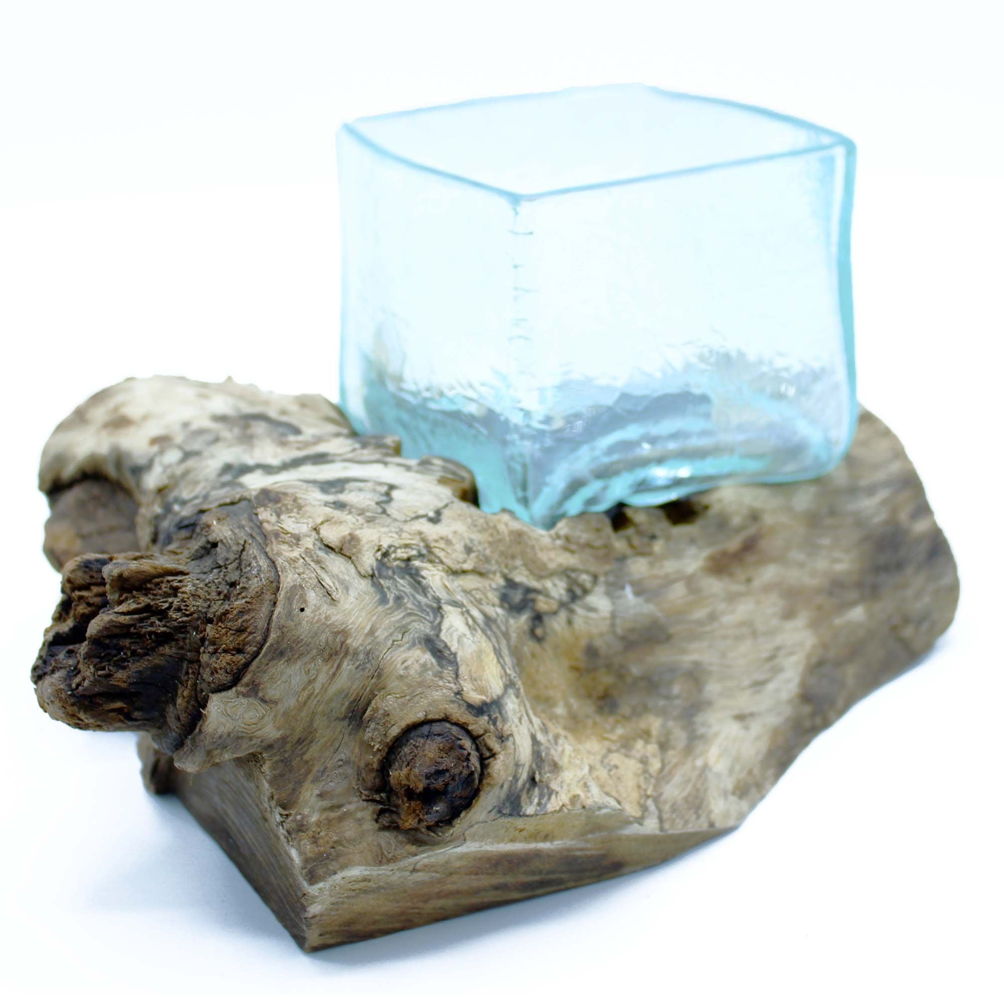 Handmade Molten Crackled Glass Tank on Wood – Balinese Artisan Decor