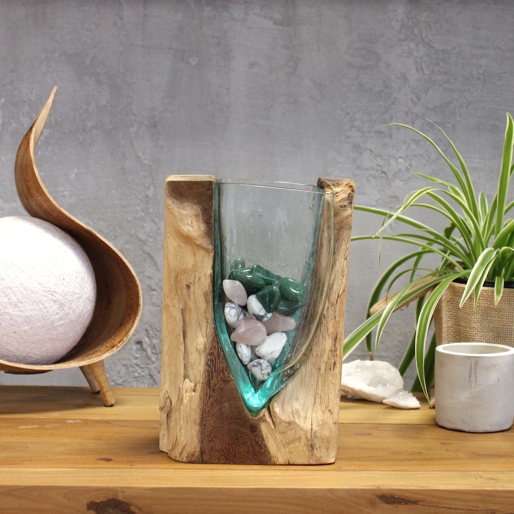 Handmade Molten Glass V-Shaped Art Vase on Wood – 24.5cm