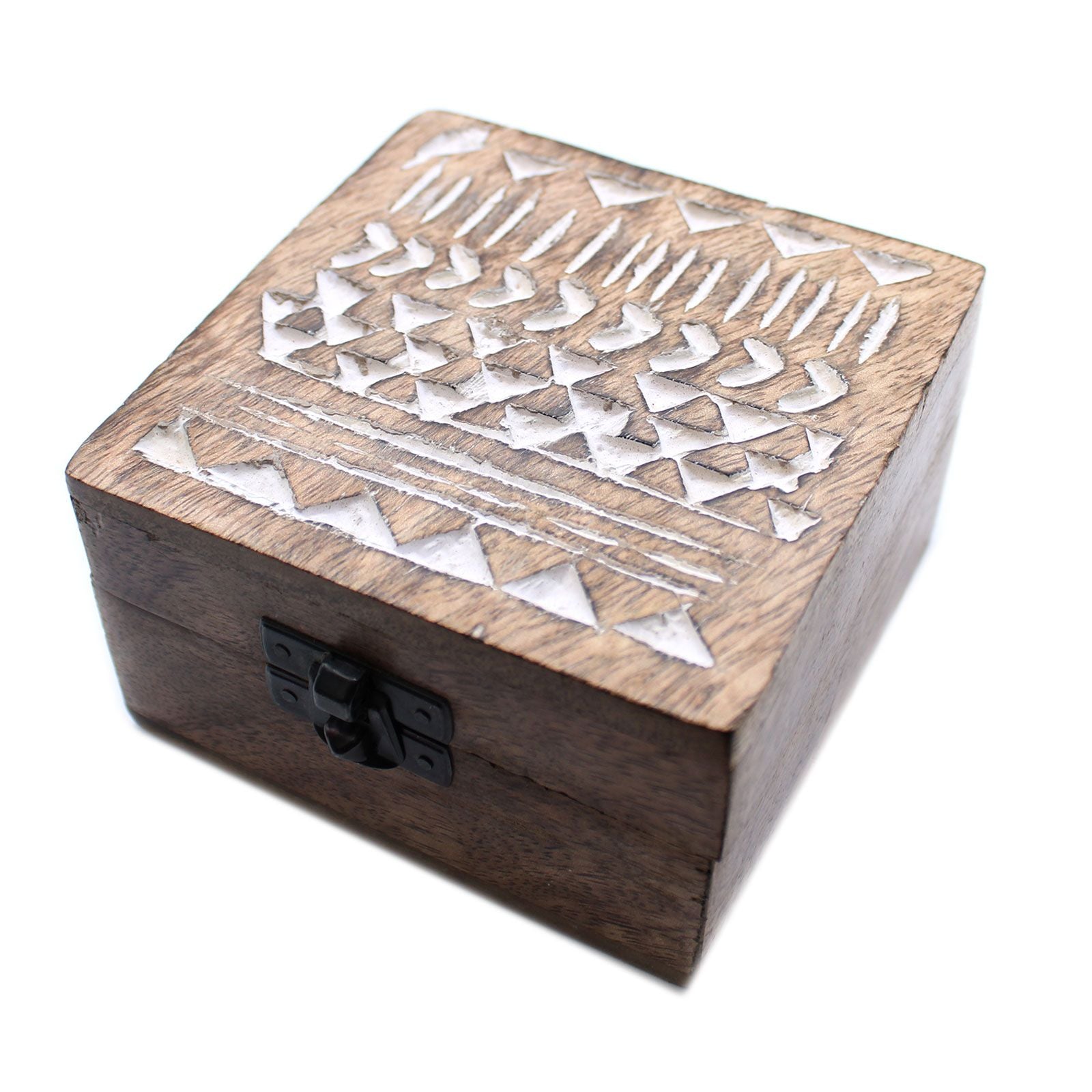 White Washed Wooden Box - 4x4 Aztec Design - Handmade