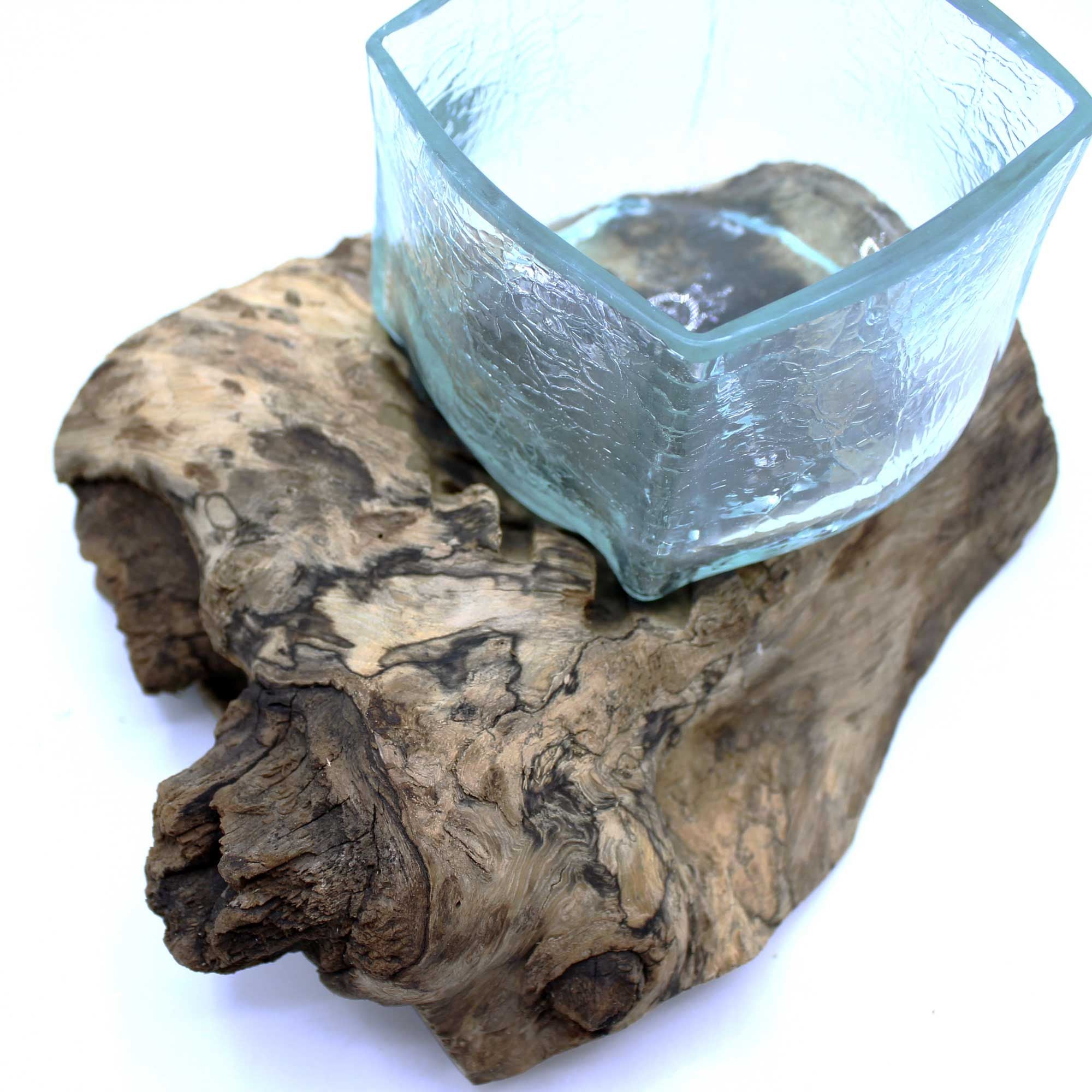 Handmade Molten Crackled Glass Tank on Wood – Balinese Artisan Decor