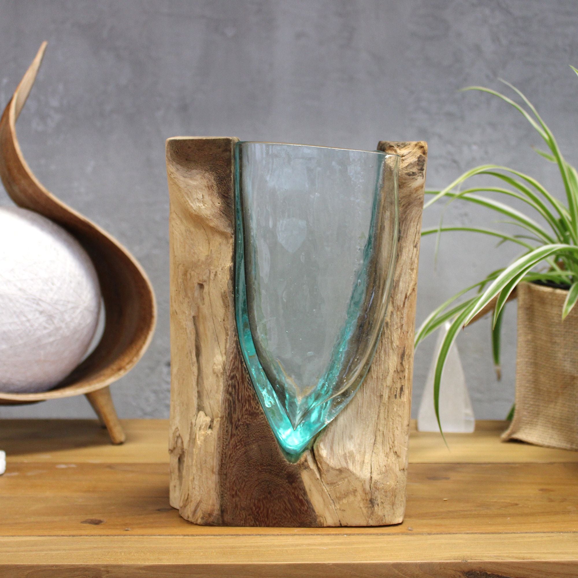 Handmade Molten Glass V-Shaped Art Vase on Wood – 24.5cm