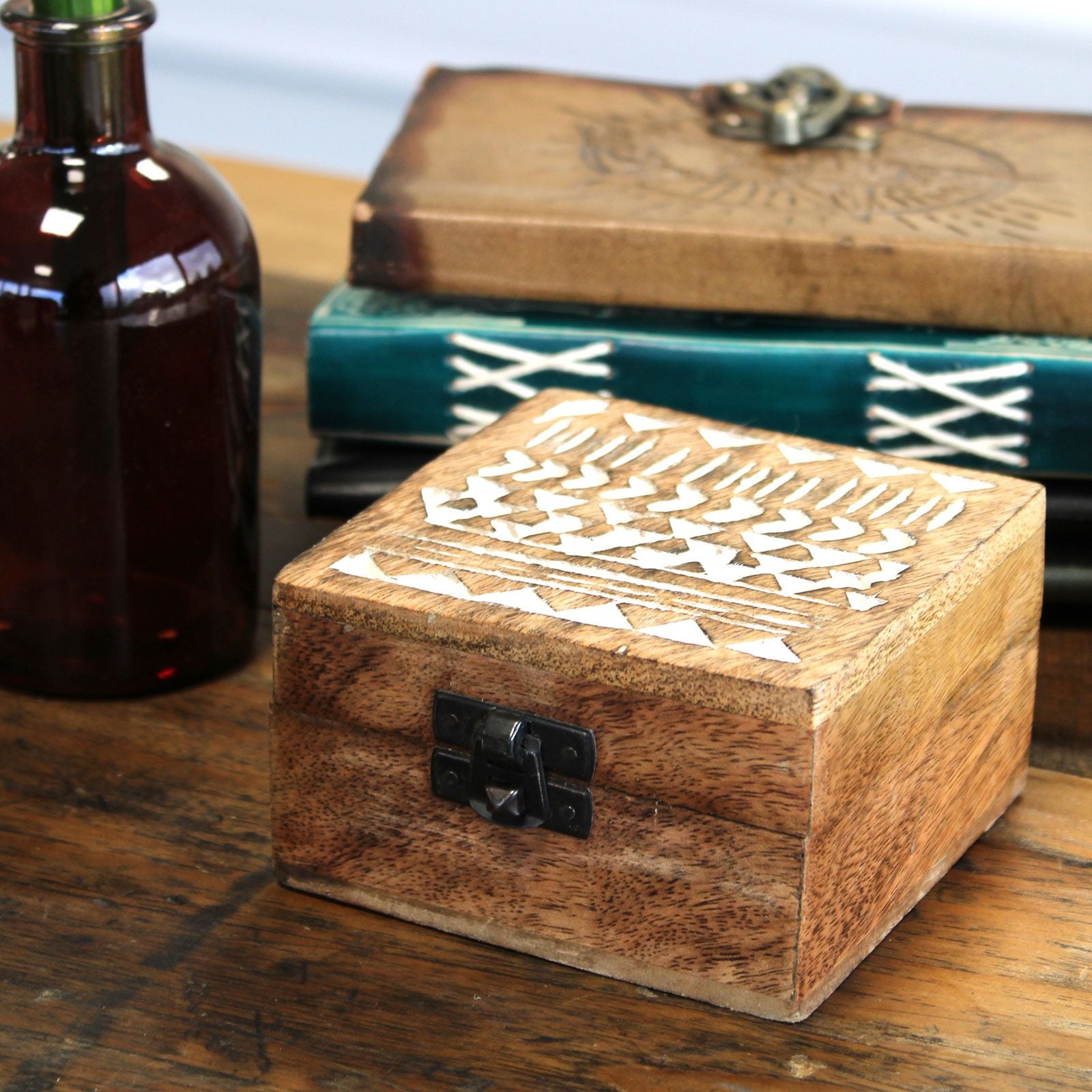 White Washed Wooden Box - 4x4 Aztec Design - Handmade