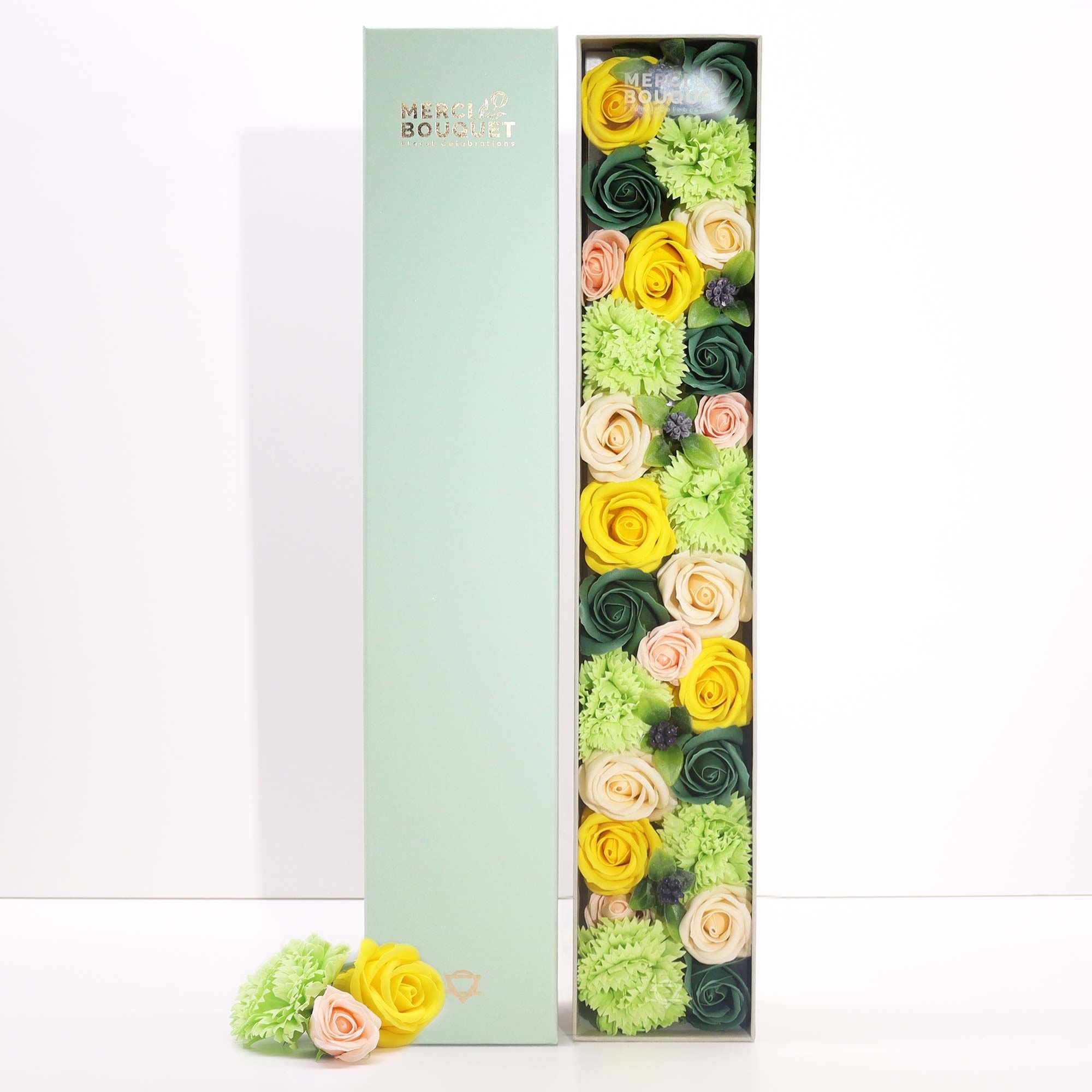 Extra Long Box - Spring Celibrations - Yellow & Greens - Soap Flower Gift Round Box