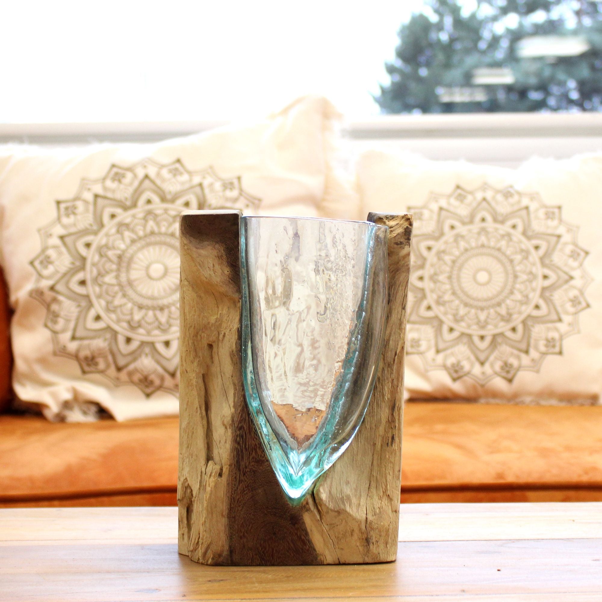 Handmade Molten Glass V-Shaped Art Vase on Wood – 24.5cm