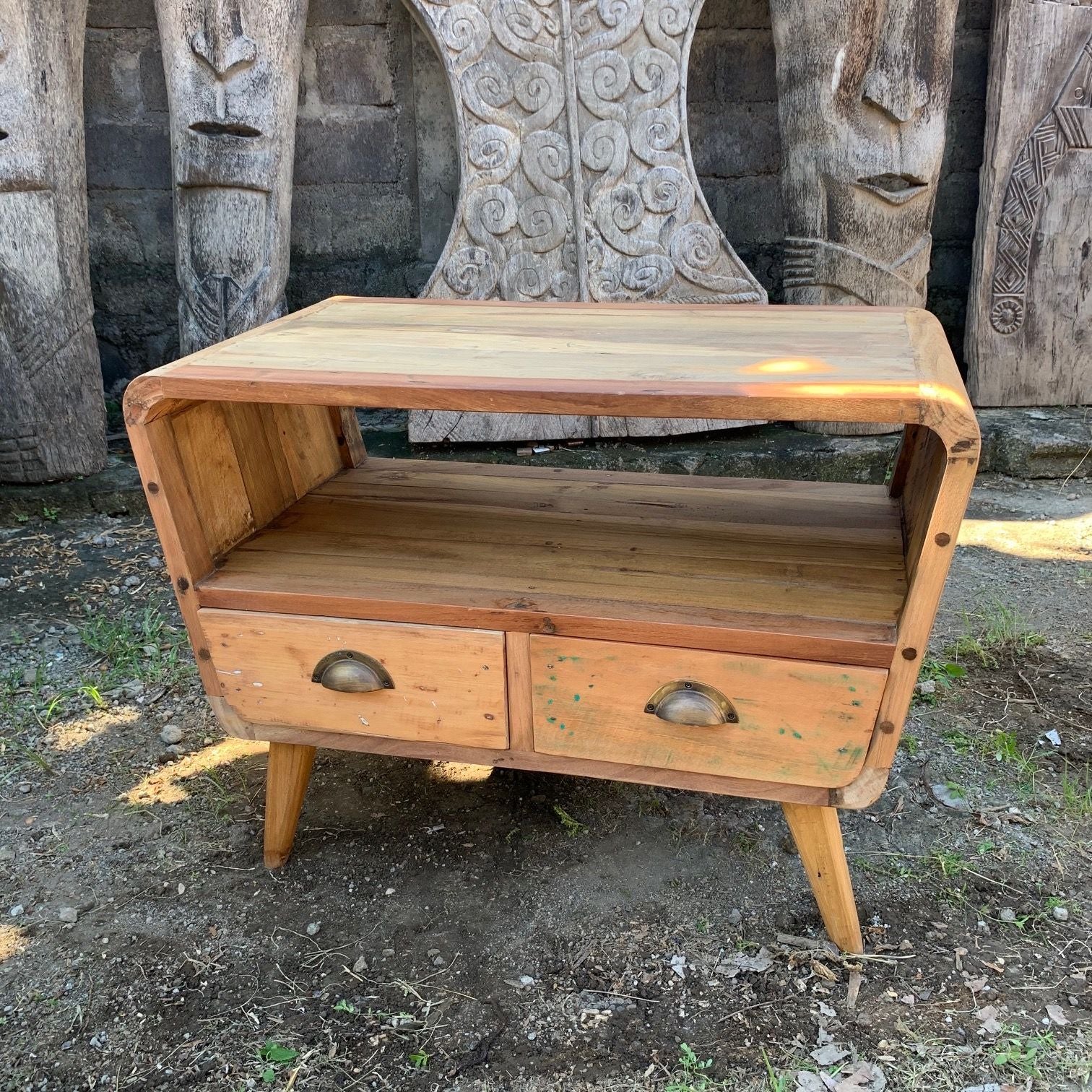 Small Round TV Stand with 2 Drawers & Open Shelf | Recycled Teak Wood – Handcrafted in Bali