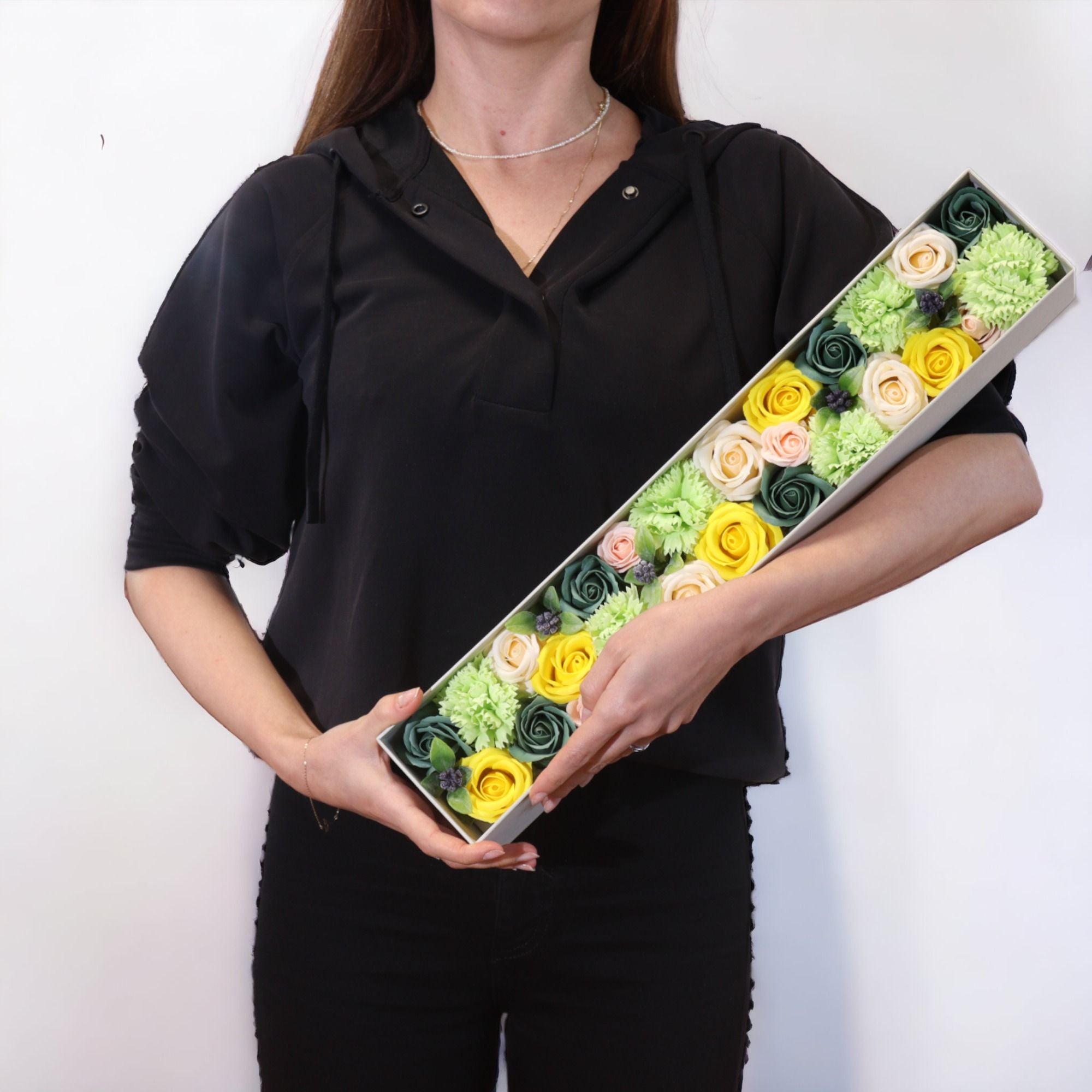 Extra Long Box - Spring Celibrations - Yellow & Greens - Soap Flower Gift Round Box