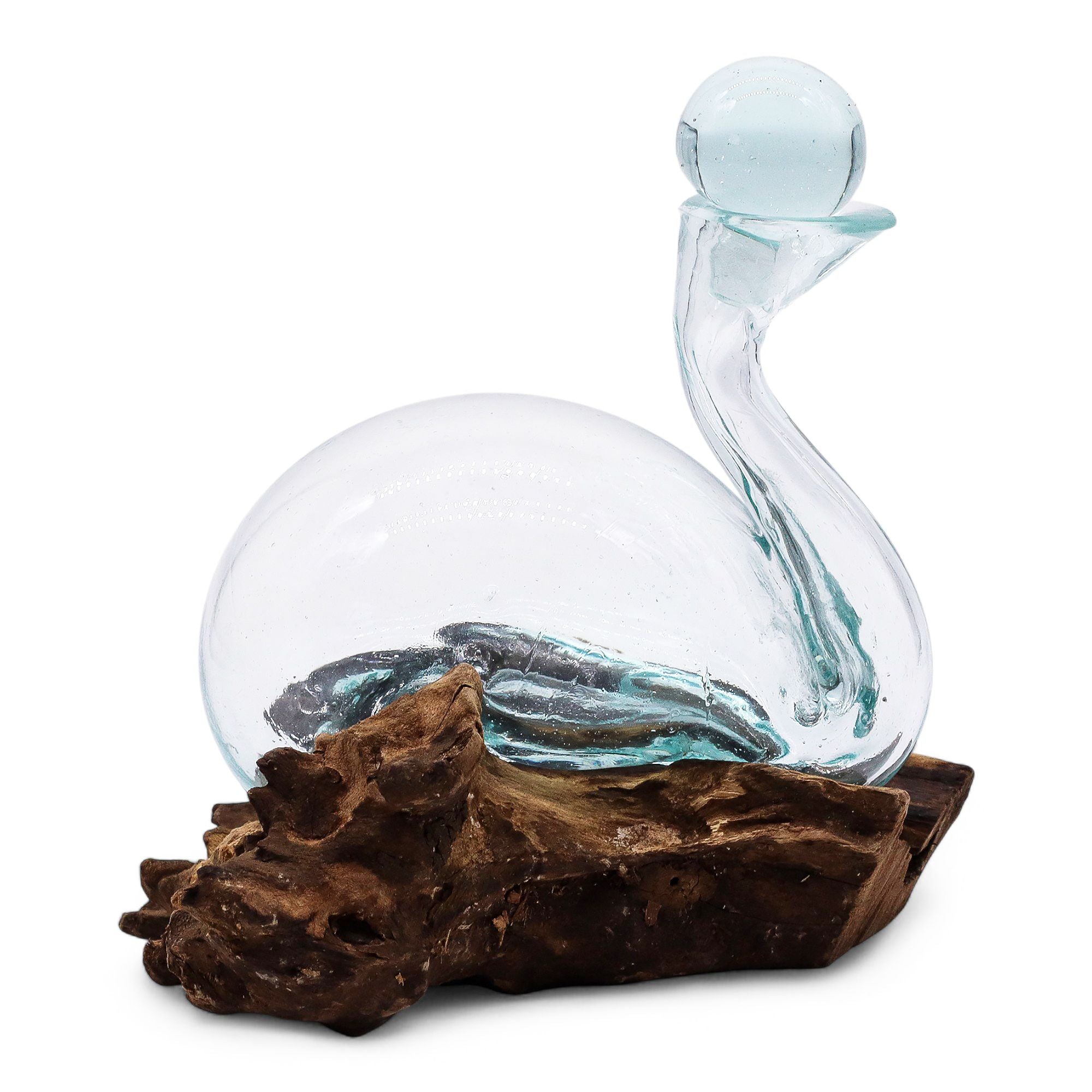 Handmade Molten Glass Duck Decanter on Wood with Stopper – 19cm