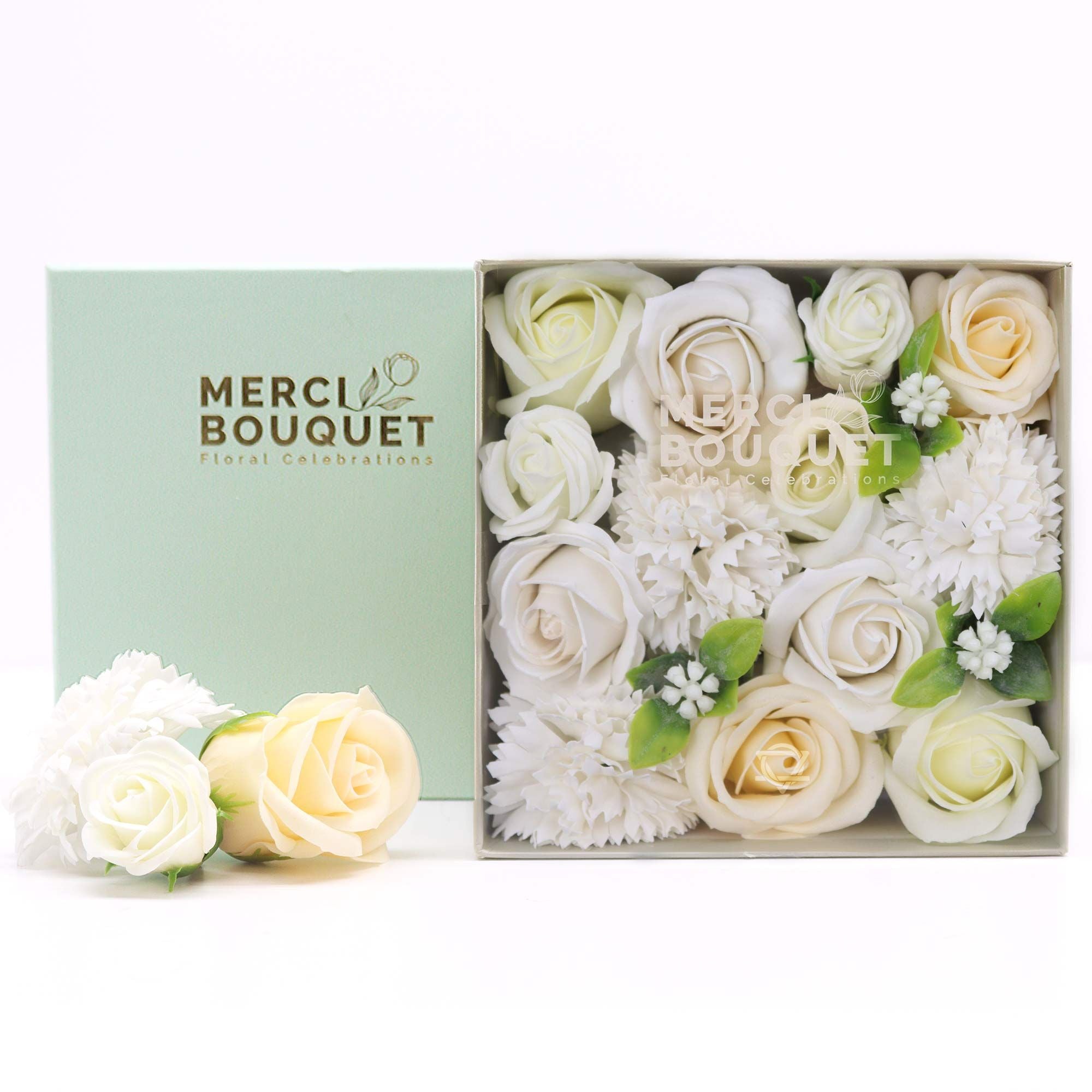 Square Box - Wedding Blessings - White & Ivory - Soap Flower Gift Round Box