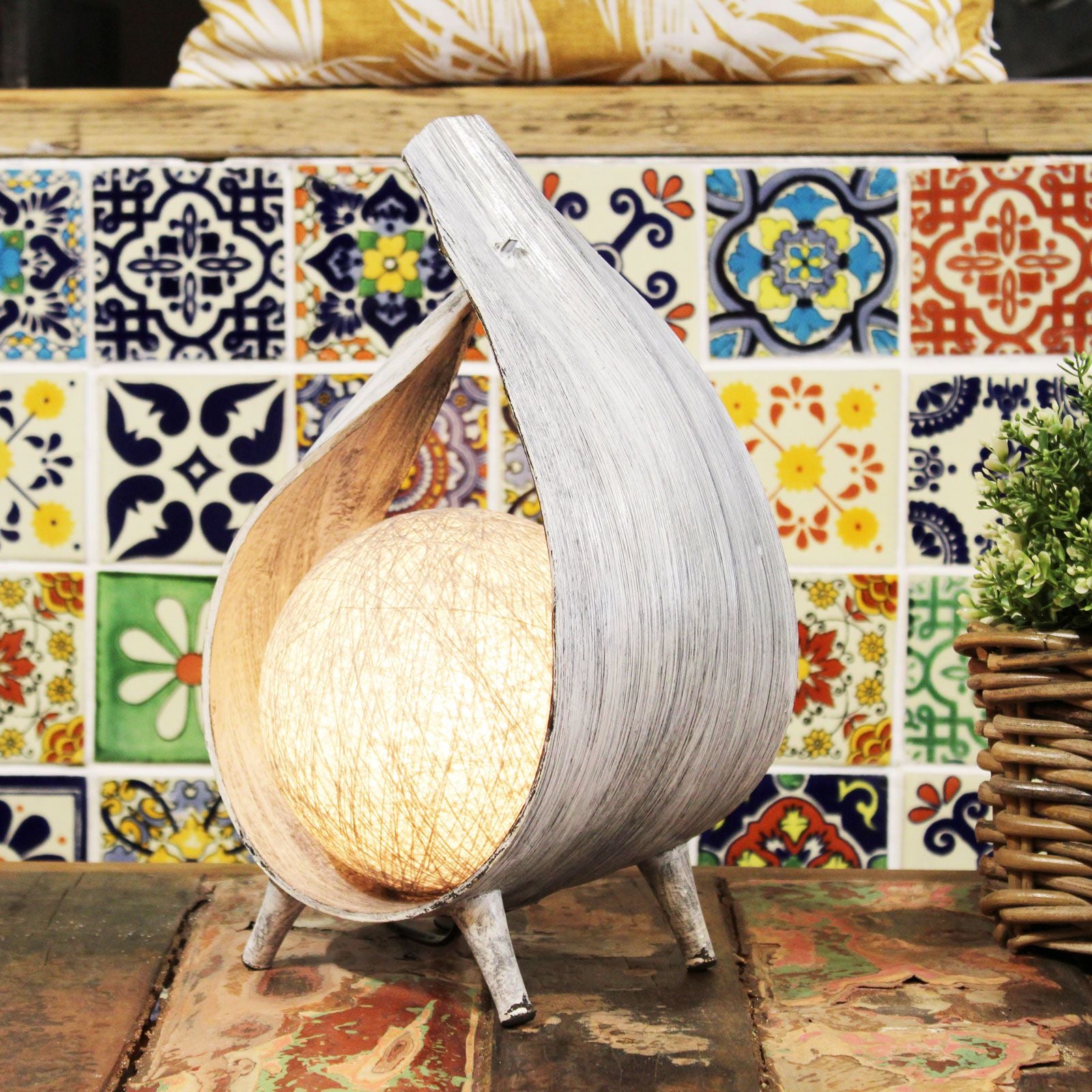 Natural Coconut Lamp - Greywash Wrapover  - Handcrafted & Eco
