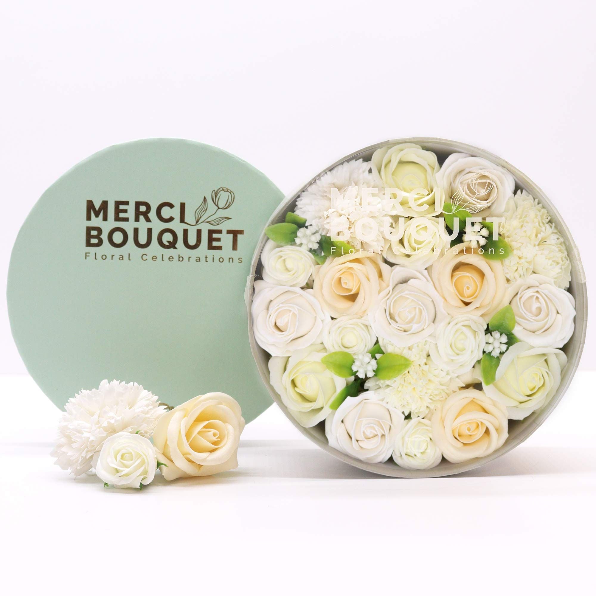 Round Box - Wedding Blessings - White & Ivory - Soap Flower Gift Round Box