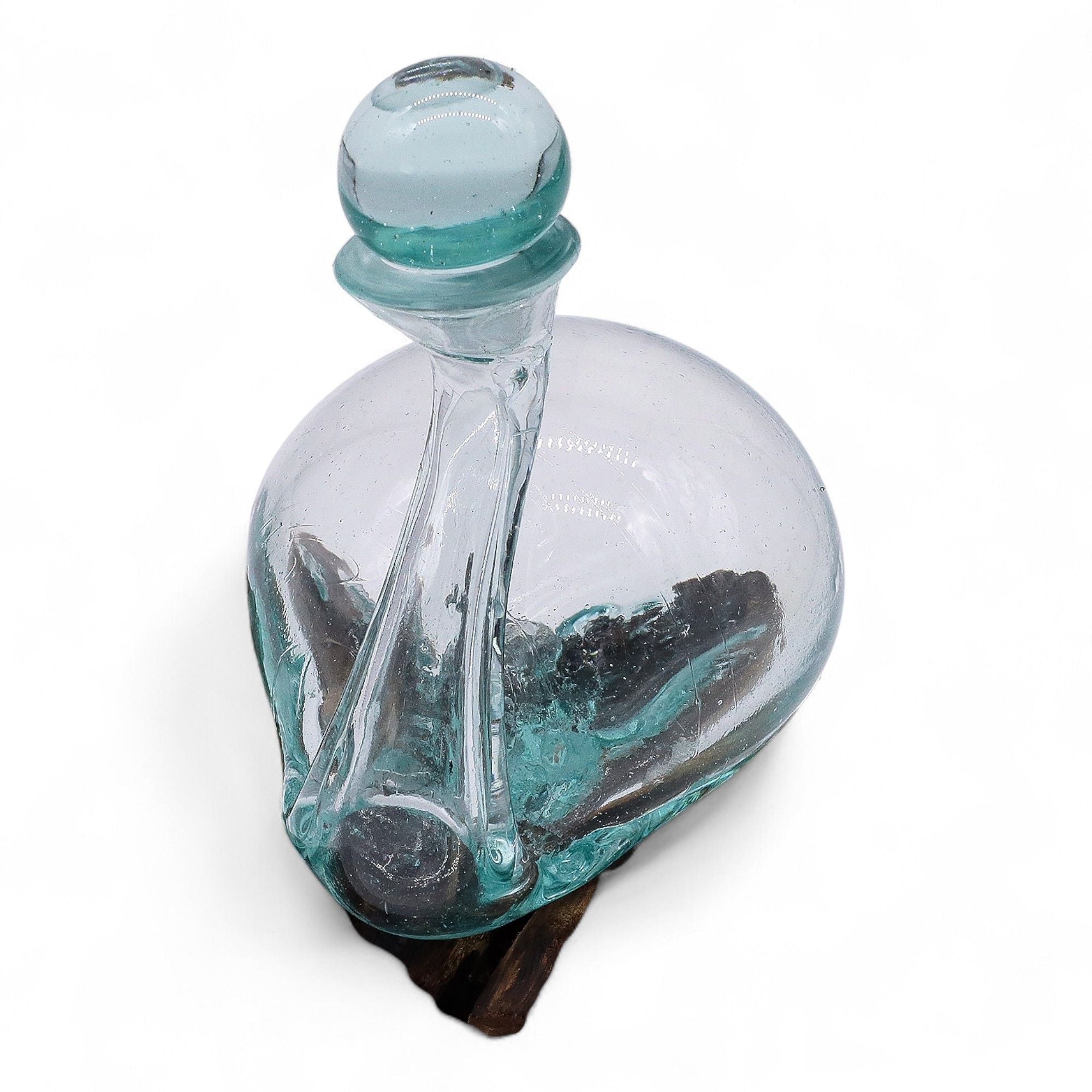 Handmade Molten Glass Duck Decanter on Wood with Stopper – 19cm