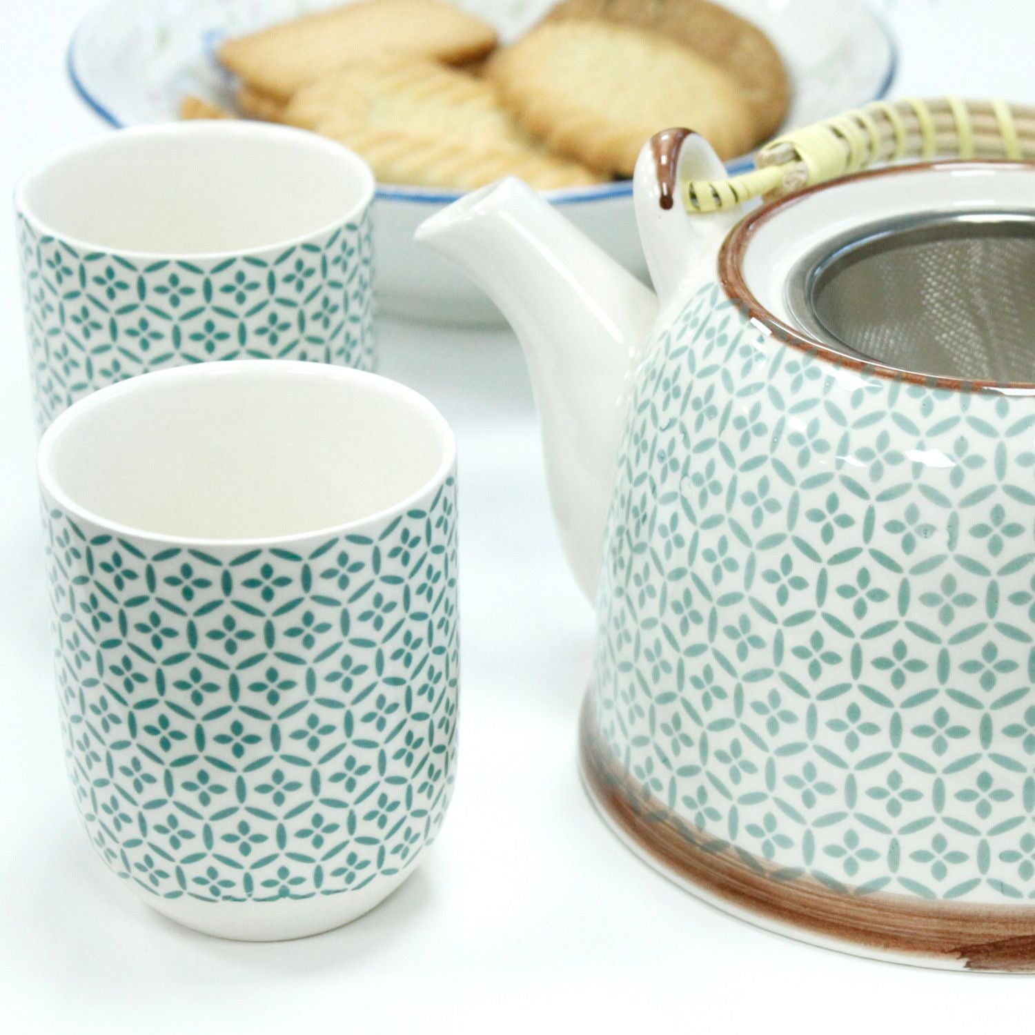 Herbal Teapot Set - Green Mosaic - 650ml Teapot with 6 Cups & Strainer