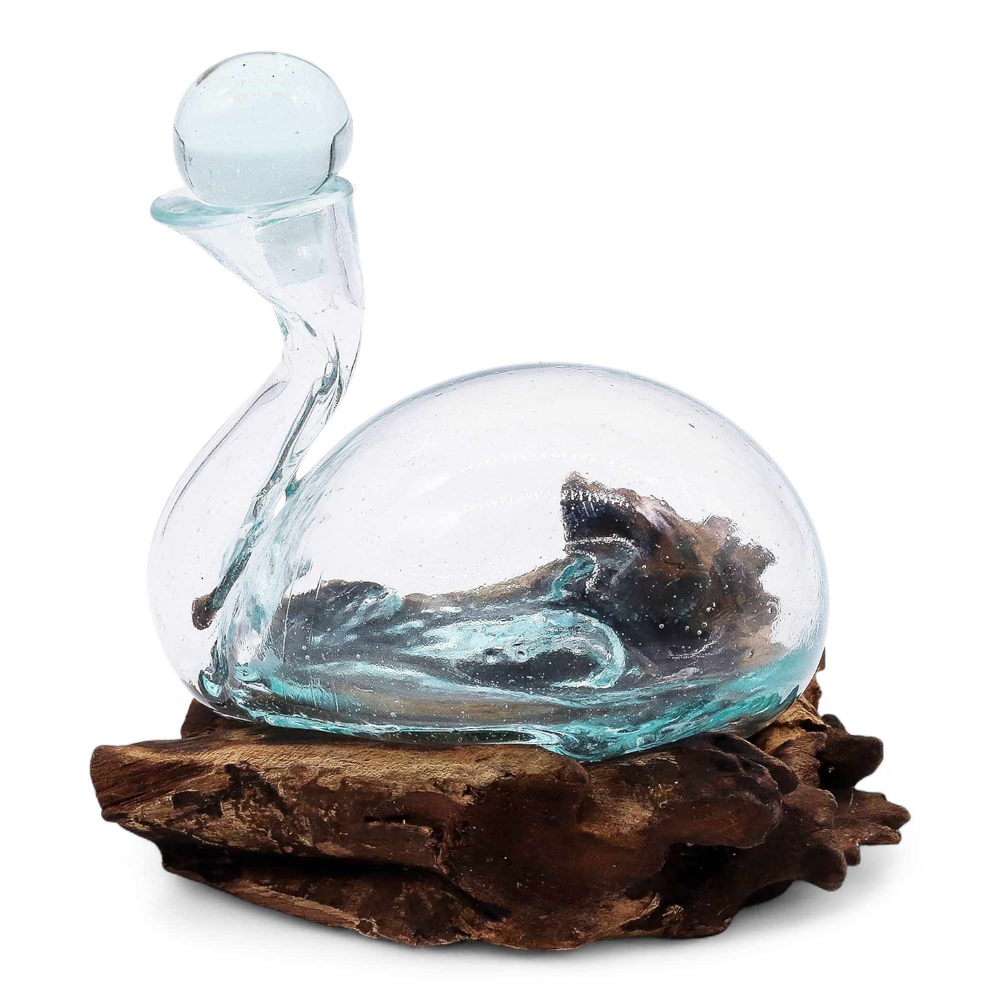 Handmade Molten Glass Duck Decanter on Wood with Stopper – 19cm