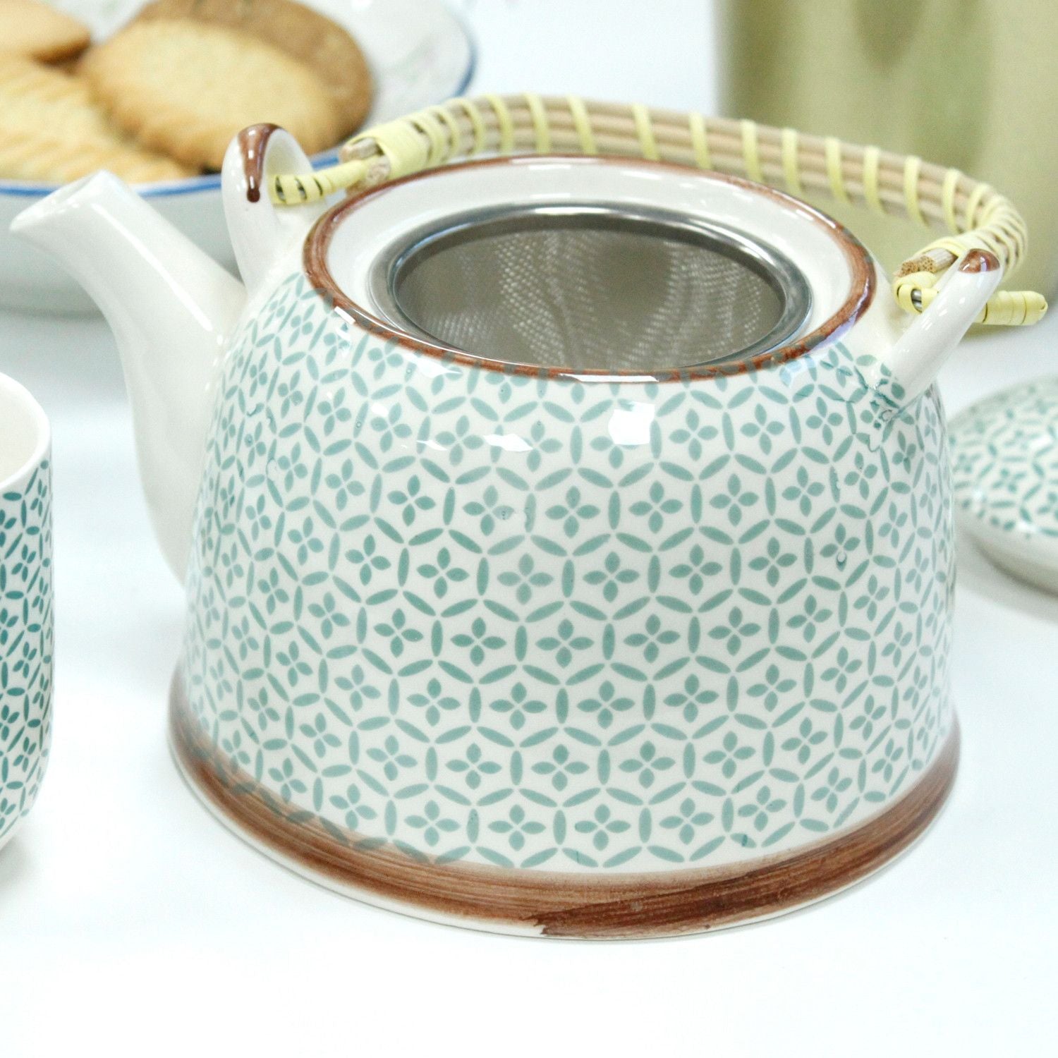 Herbal Teapot Set - Green Mosaic - 650ml Teapot with 6 Cups & Strainer