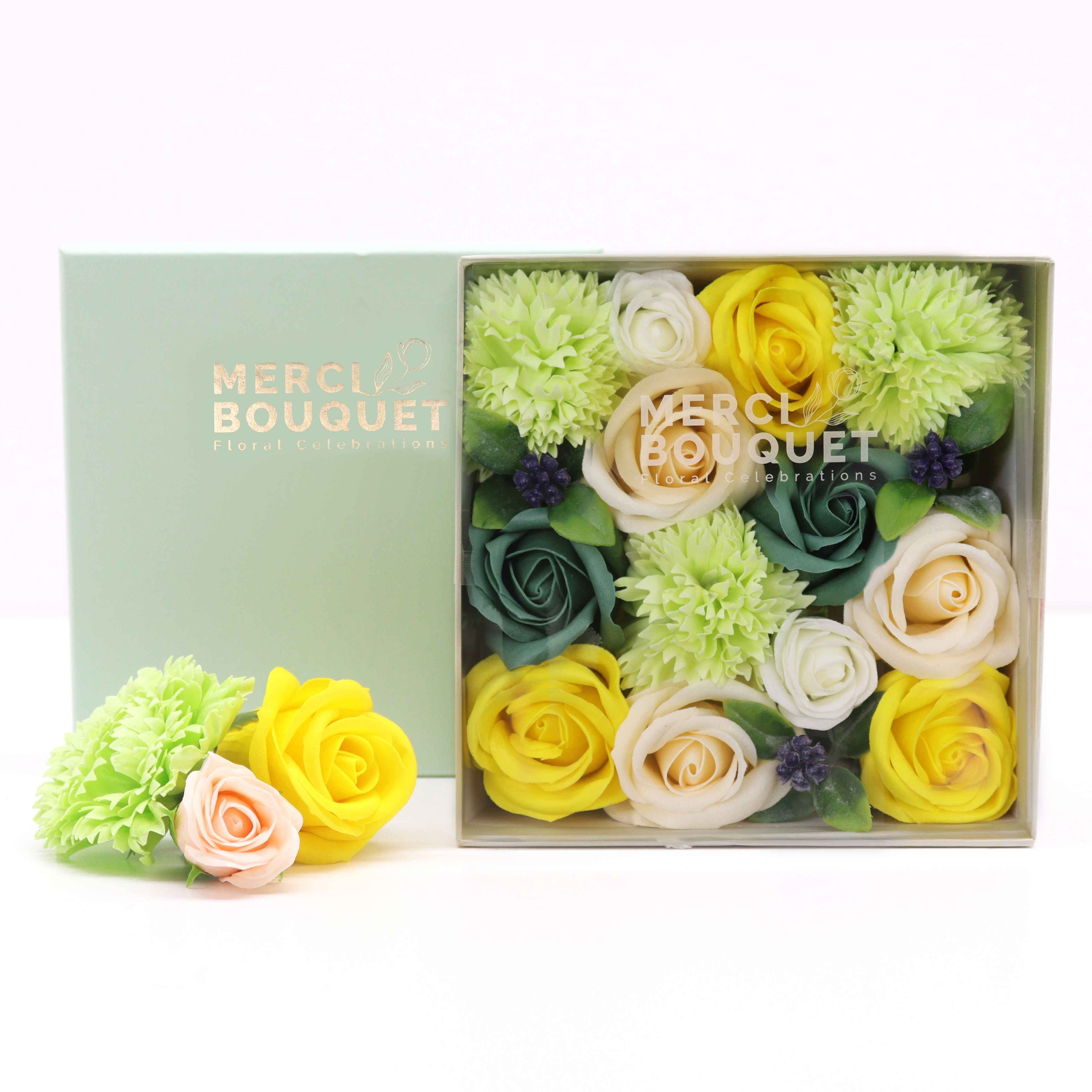 Square Box - Spring Celibrations - Yellow & Greens - Soap Flower Gift Round Box