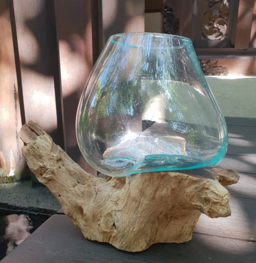 Handmade Molten Glass on Wood – Large 23cm Balinese Artisan Bowl