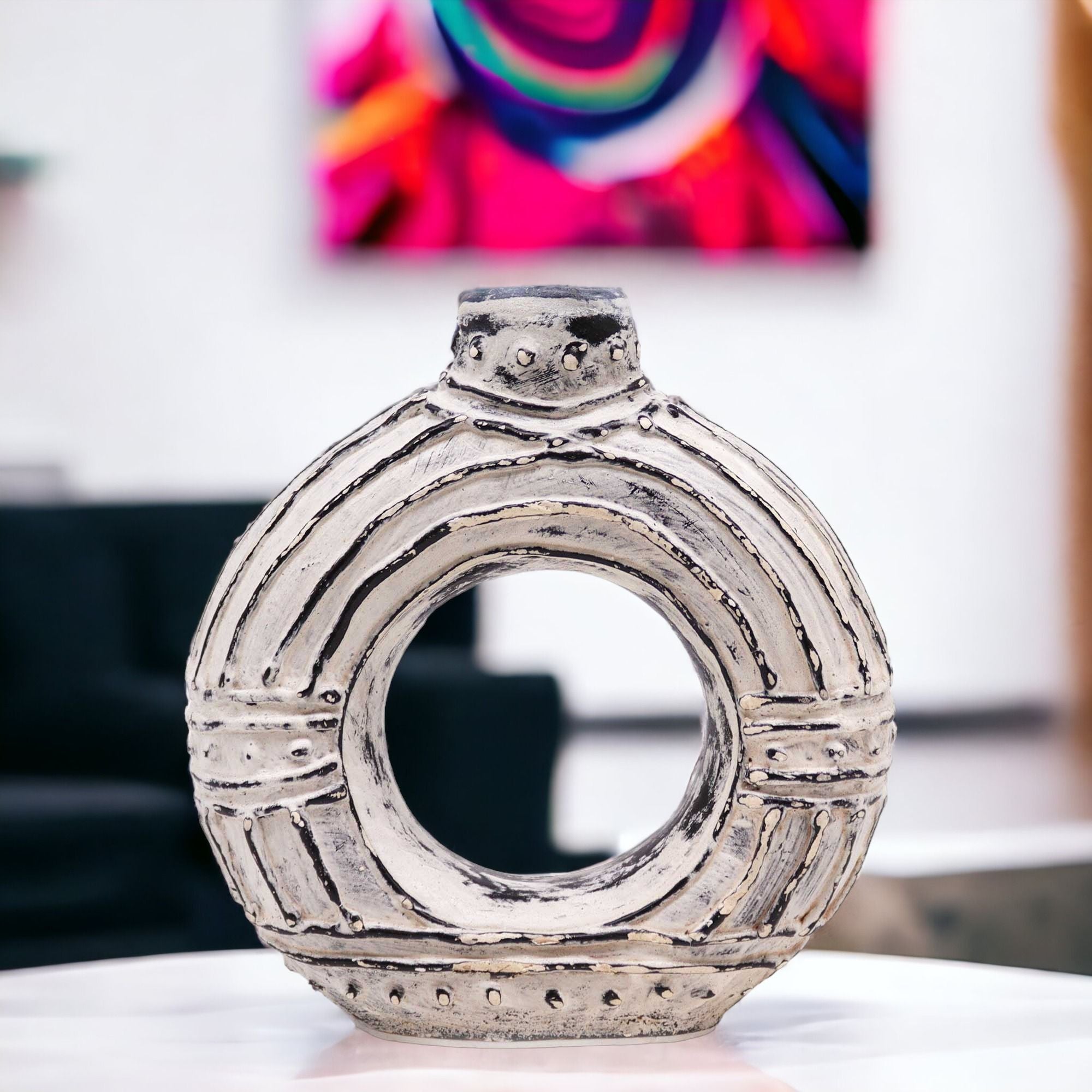 Round Donut Shaped Vase - Cream 18cm - handmade