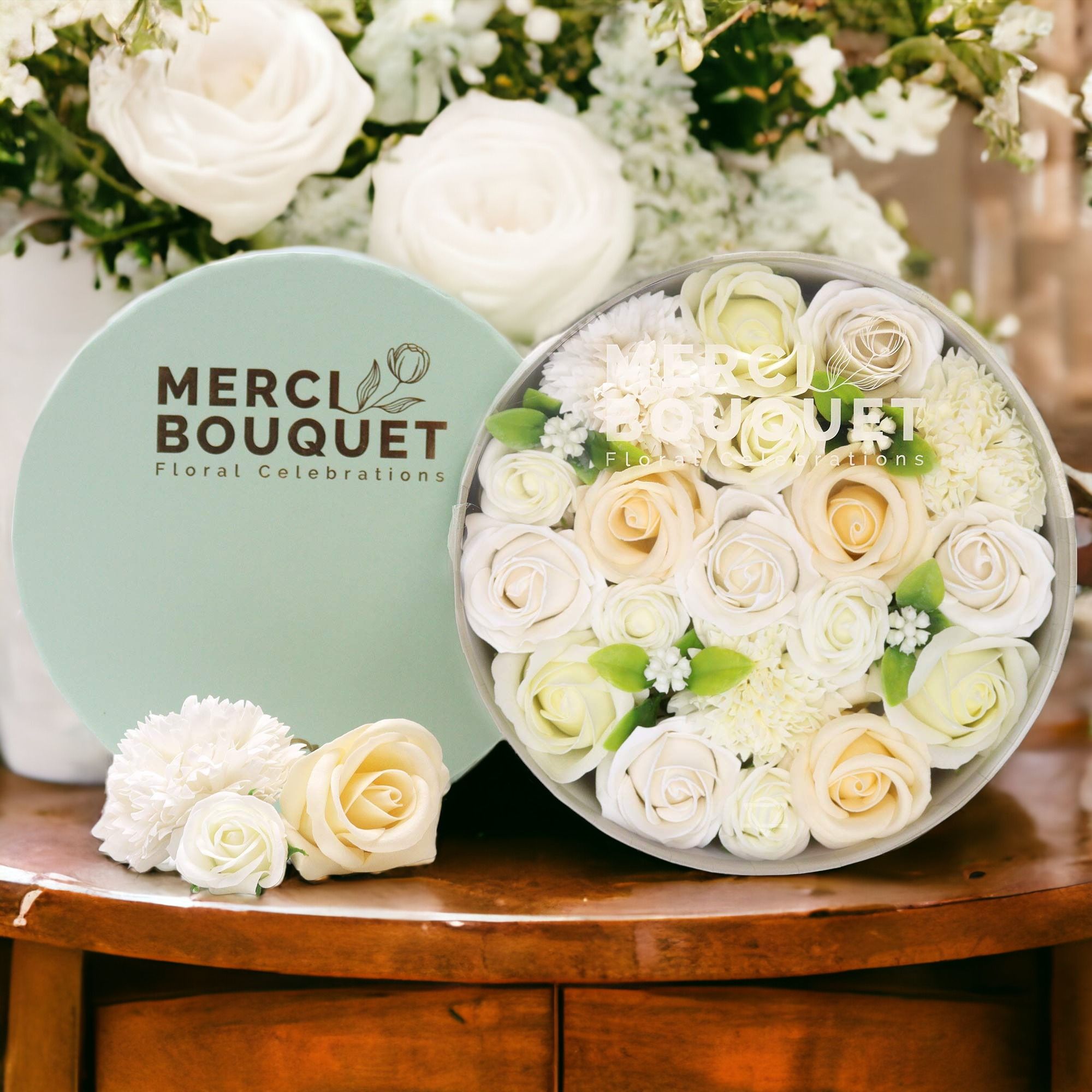 Round Box - Wedding Blessings - White & Ivory - Soap Flower Gift Round Box