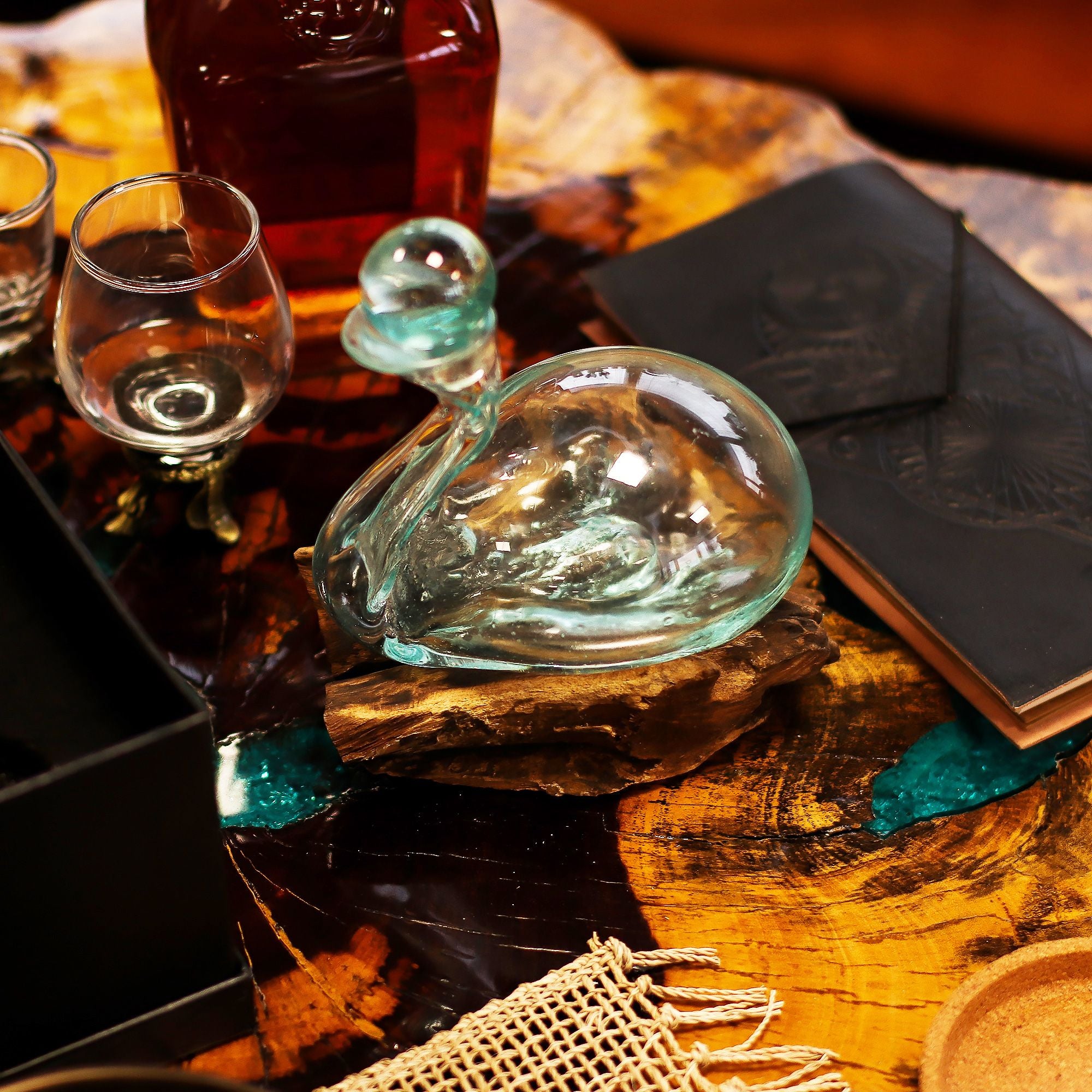 Handmade Molten Glass Duck Decanter on Wood with Stopper – 19cm