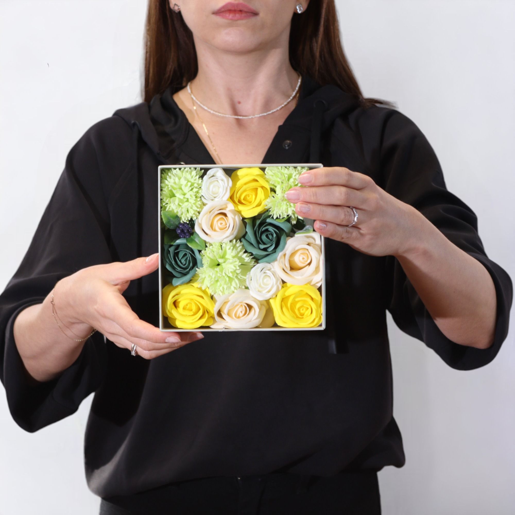 Square Box - Spring Celibrations - Yellow & Greens - Soap Flower Gift Round Box