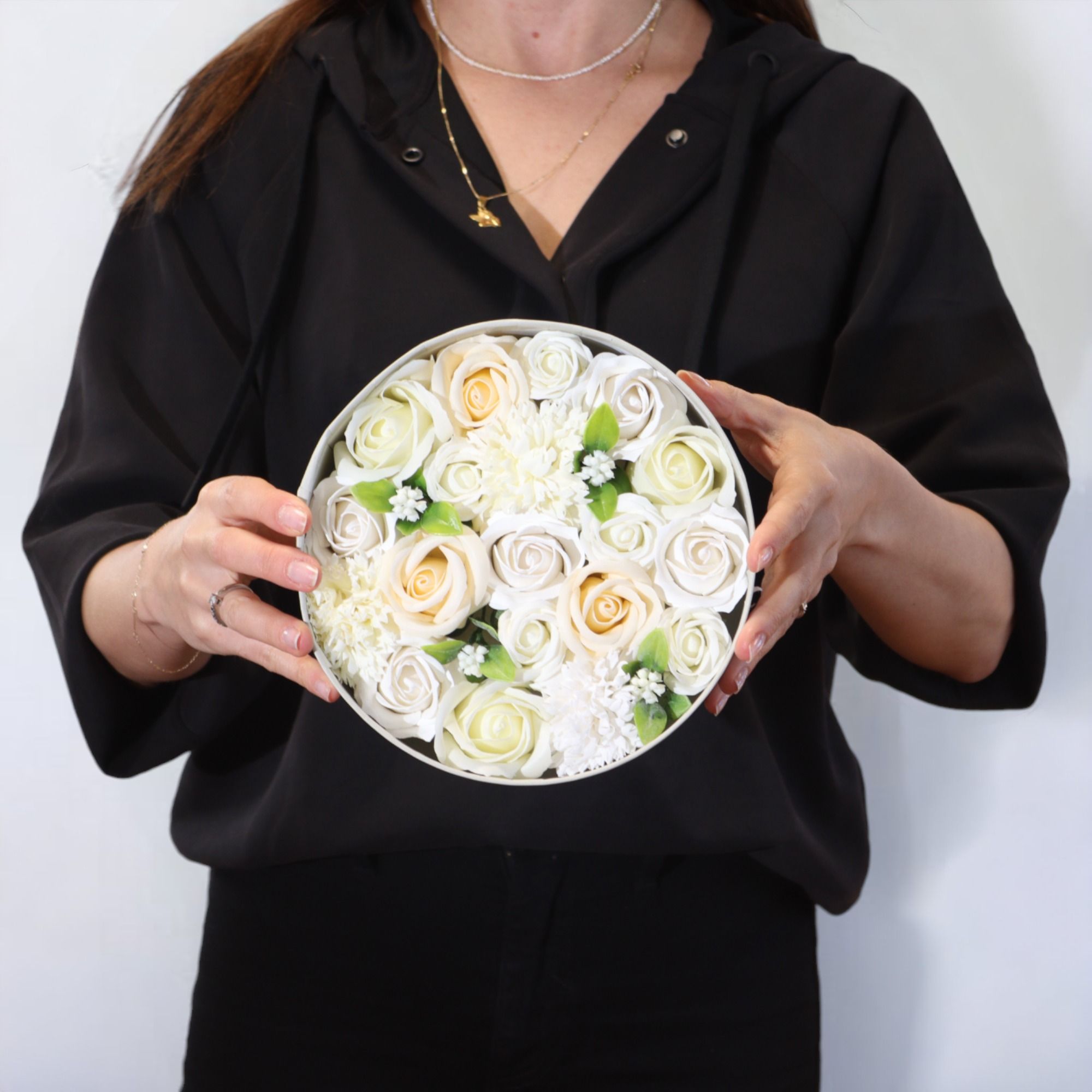 Round Box - Wedding Blessings - White & Ivory - Soap Flower Gift Round Box