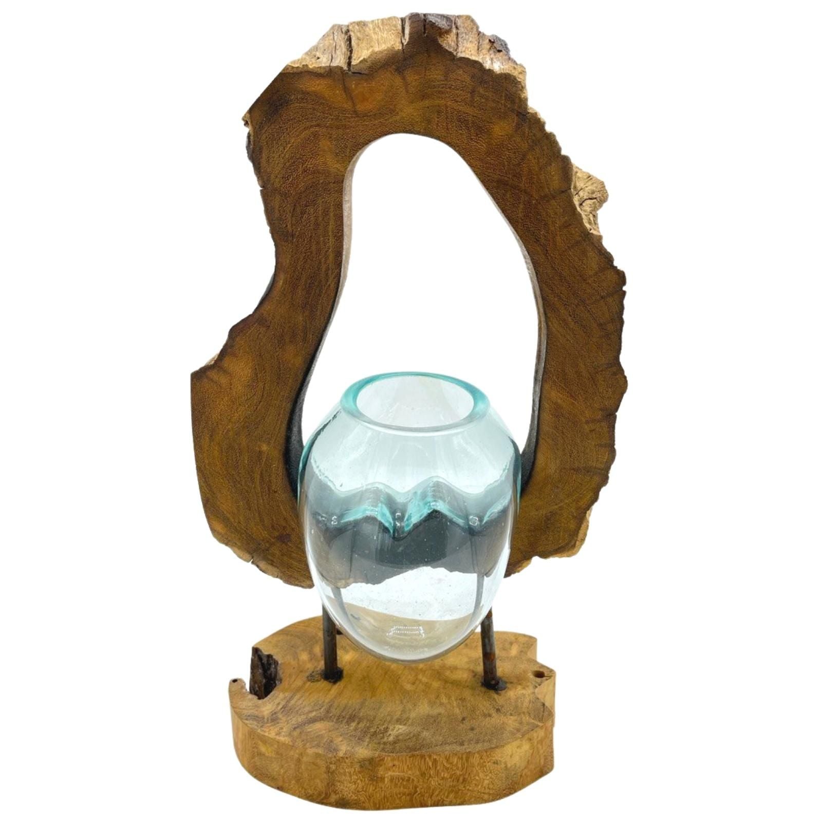 Handmade Molten Hanging Glass Art Vase on Wood – 40cm