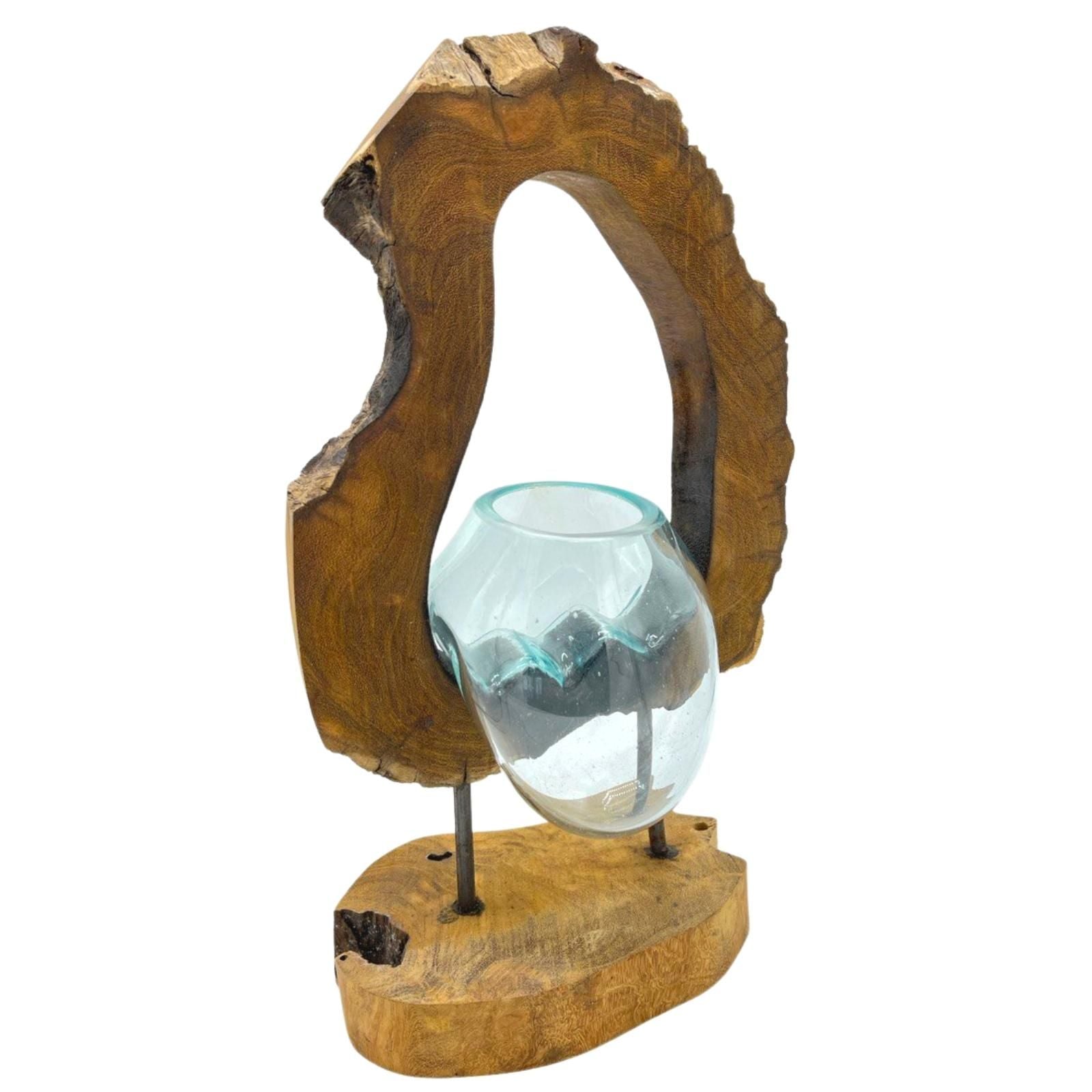 Handmade Molten Hanging Glass Art Vase on Wood – 40cm