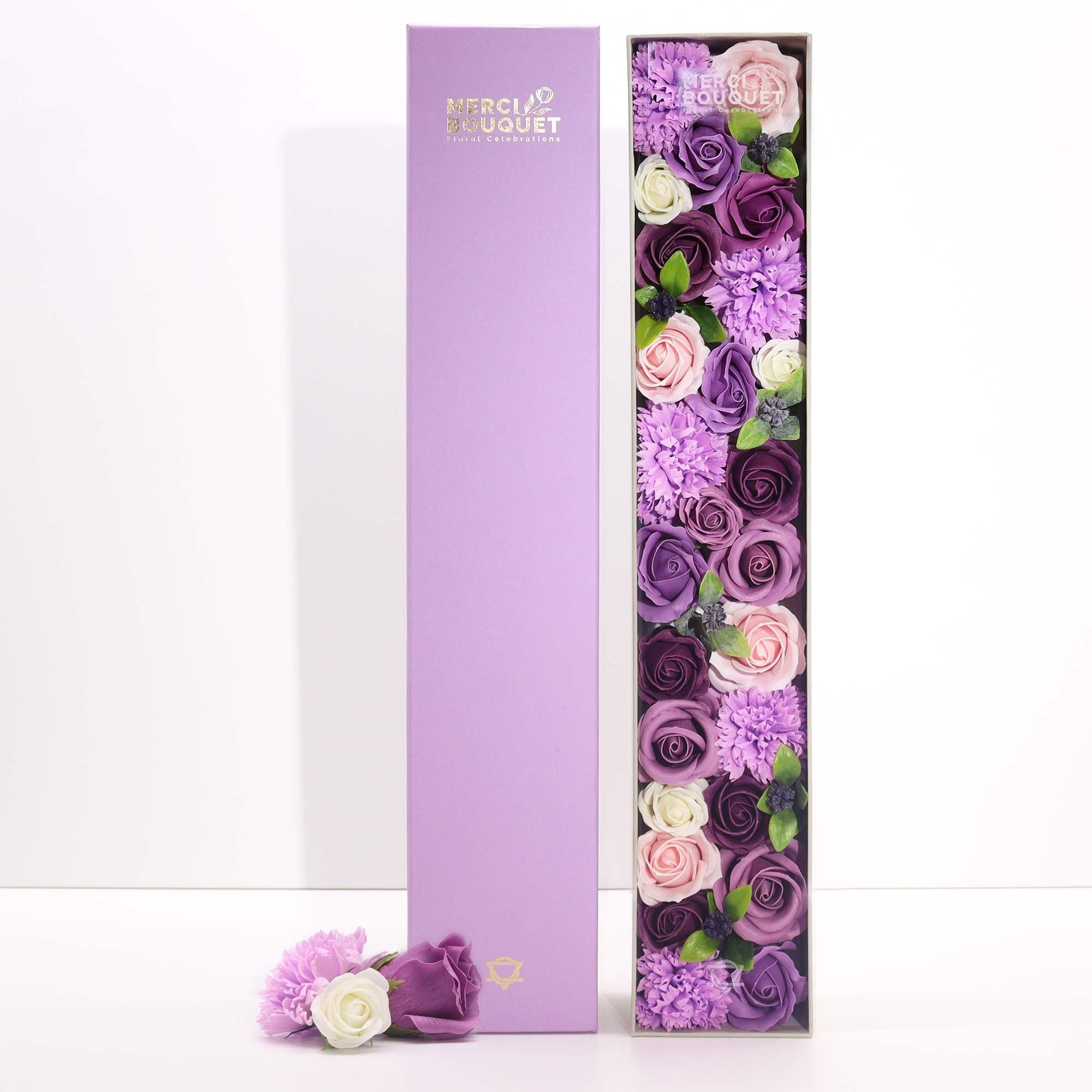 Extra Long Lavender & Rose - Carnation - Soap Flower Gift Round Box