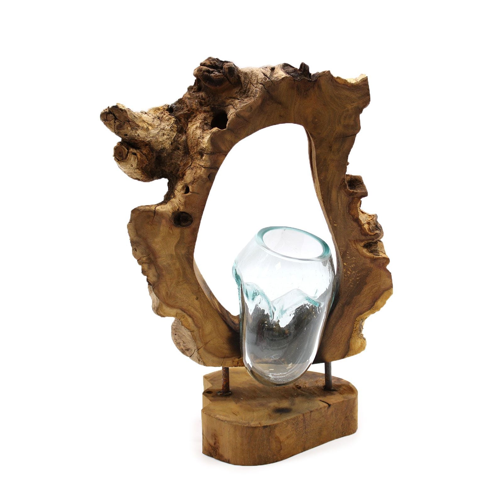 Handmade Molten Hanging Glass Art Vase on Wood – 40cm