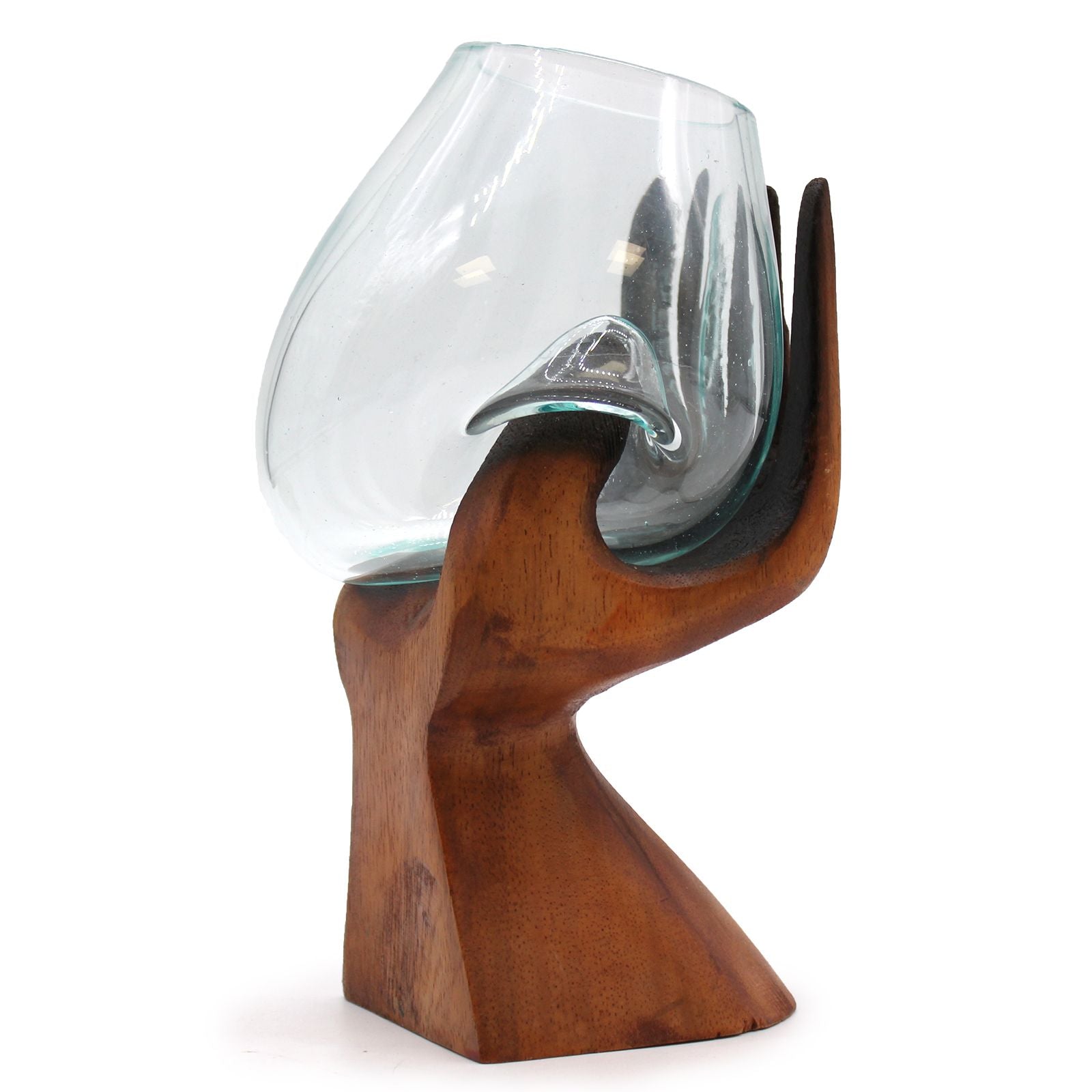 Handmade Carved Wood Hand with Molten Glass Bowl – 23cm