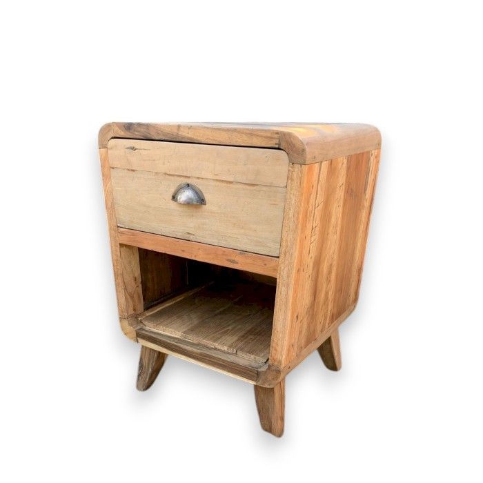 Rounded Bedside Table with Drawer & Shelf | Recycled Teak Wood – Bali Handmade