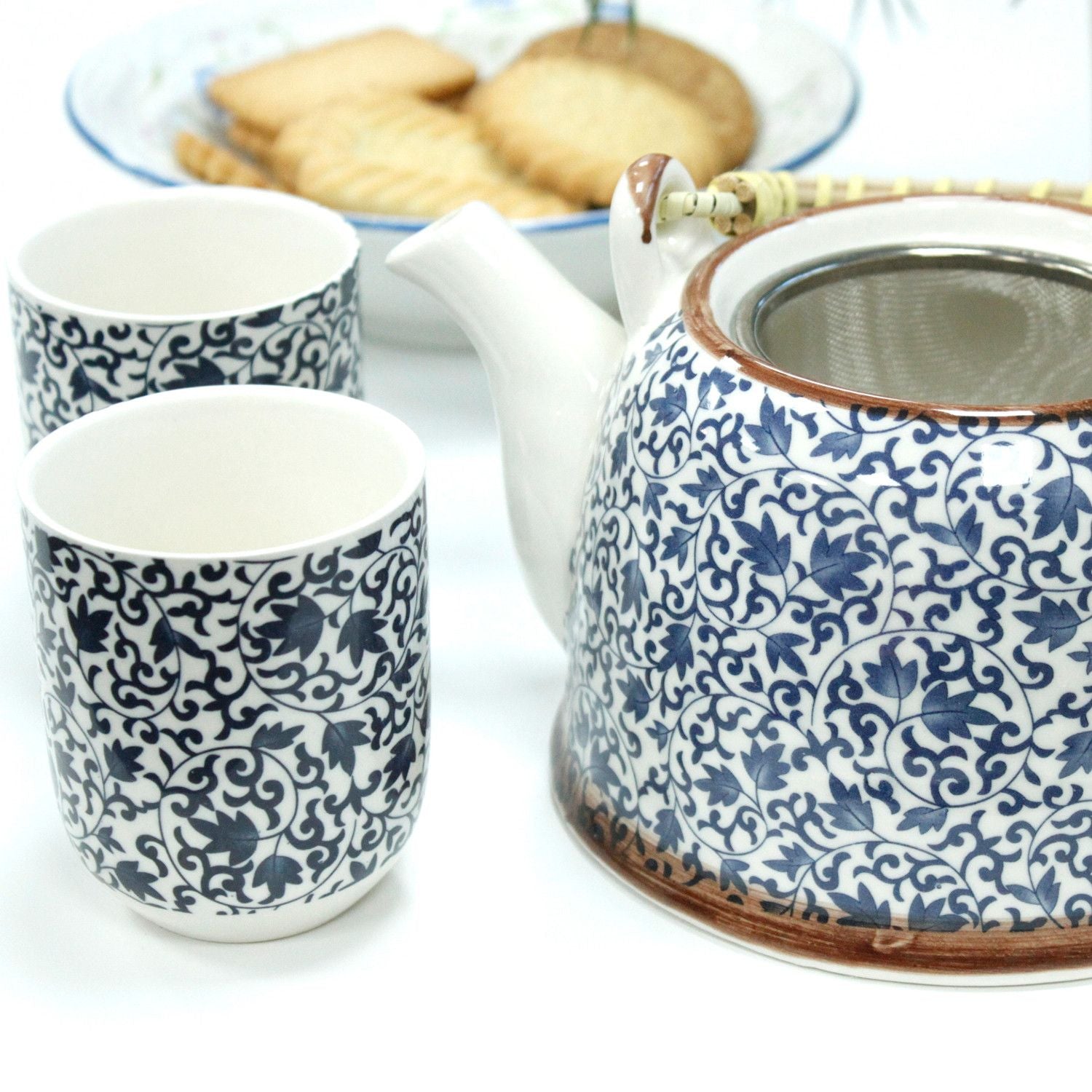 Herbal Teapot Set - Blue Pattern - 650ml Teapot with 6 Cups & Strainer