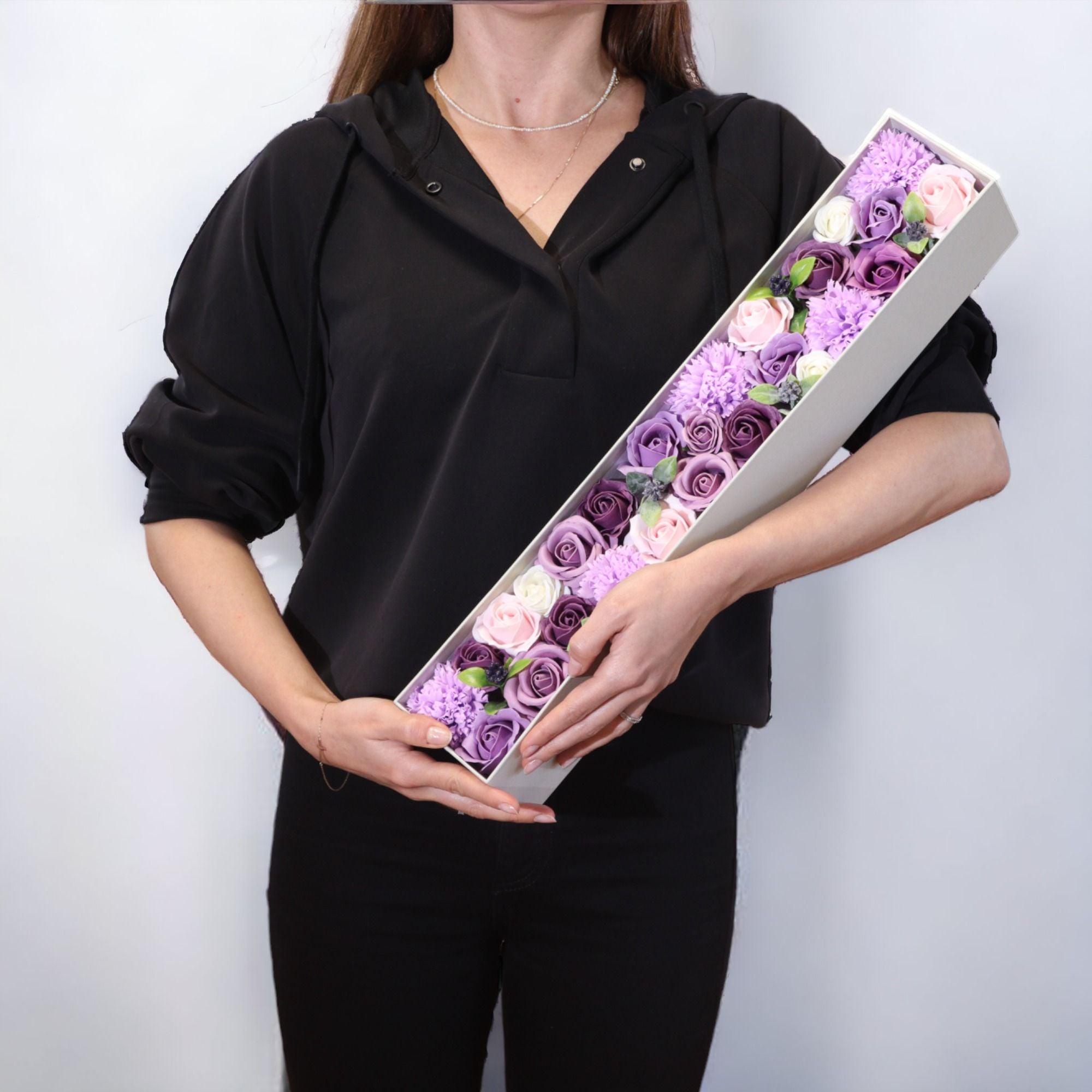 Extra Long Lavender & Rose - Carnation - Soap Flower Gift Round Box
