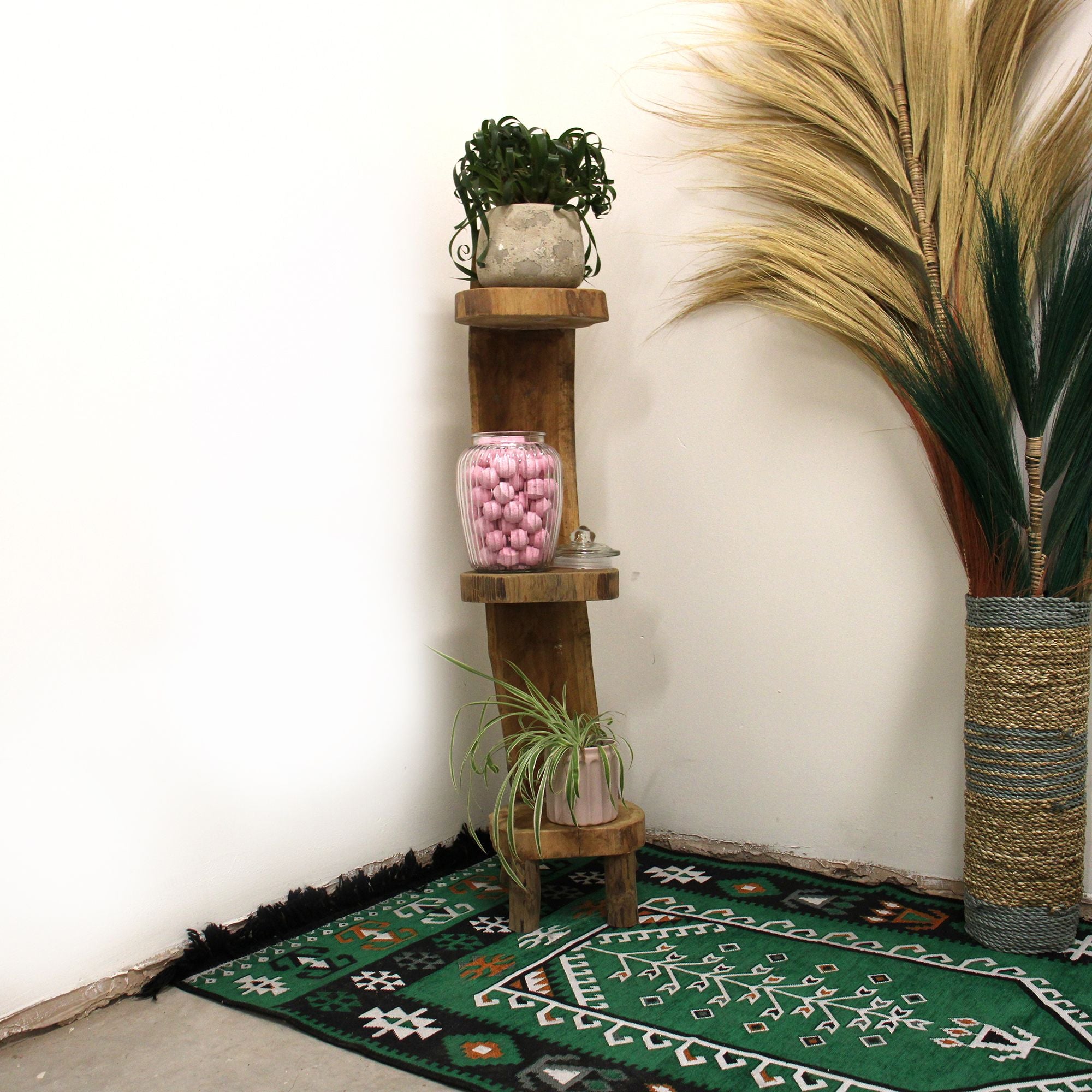 Natural Teak Log Shelve Display 3 Shelves - 100cm high