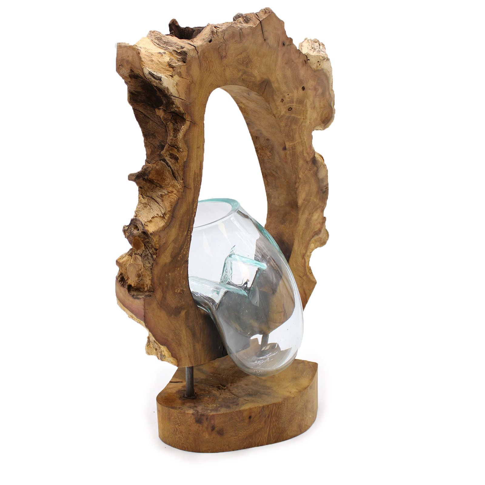 Handmade Molten Hanging Glass Art Vase on Wood – 40cm