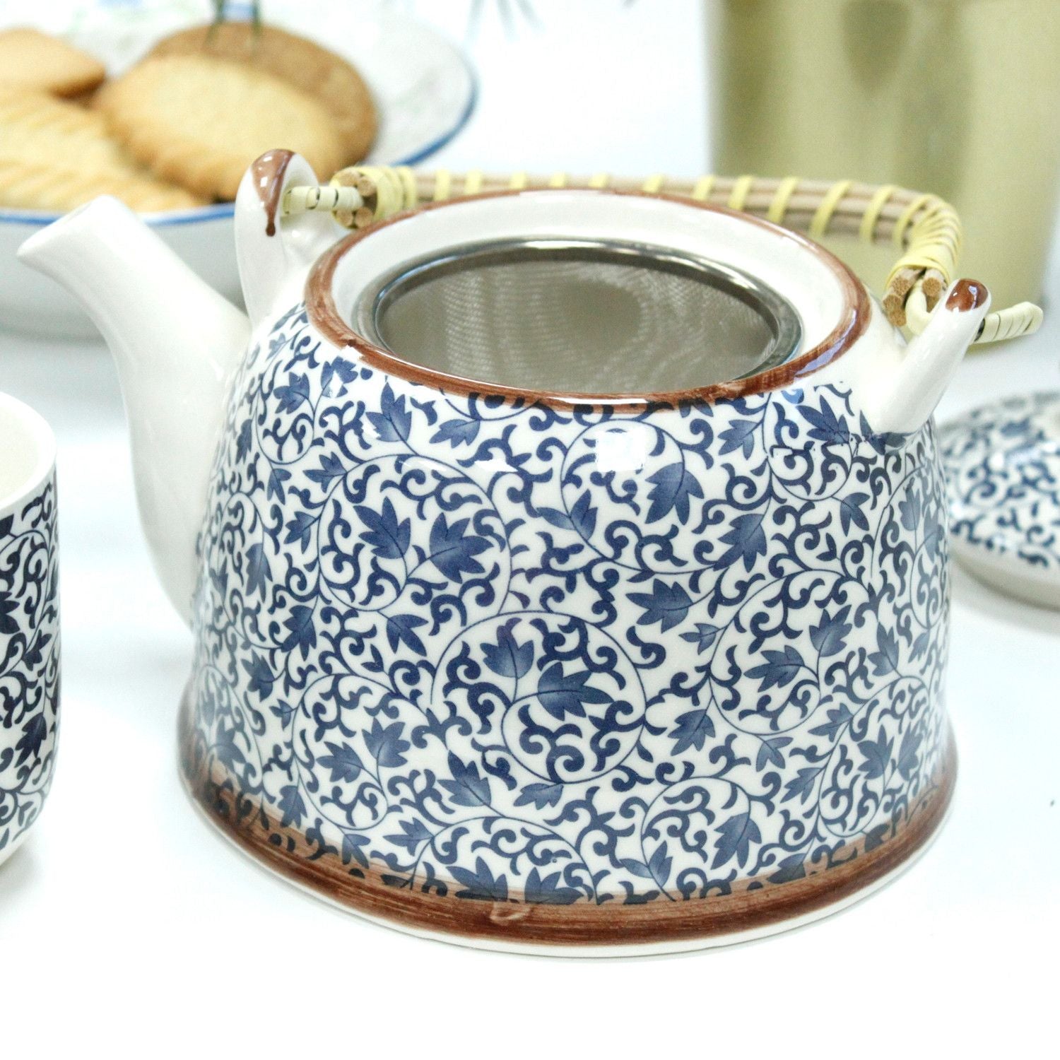 Herbal Teapot Set - Blue Pattern - 650ml Teapot with 6 Cups & Strainer