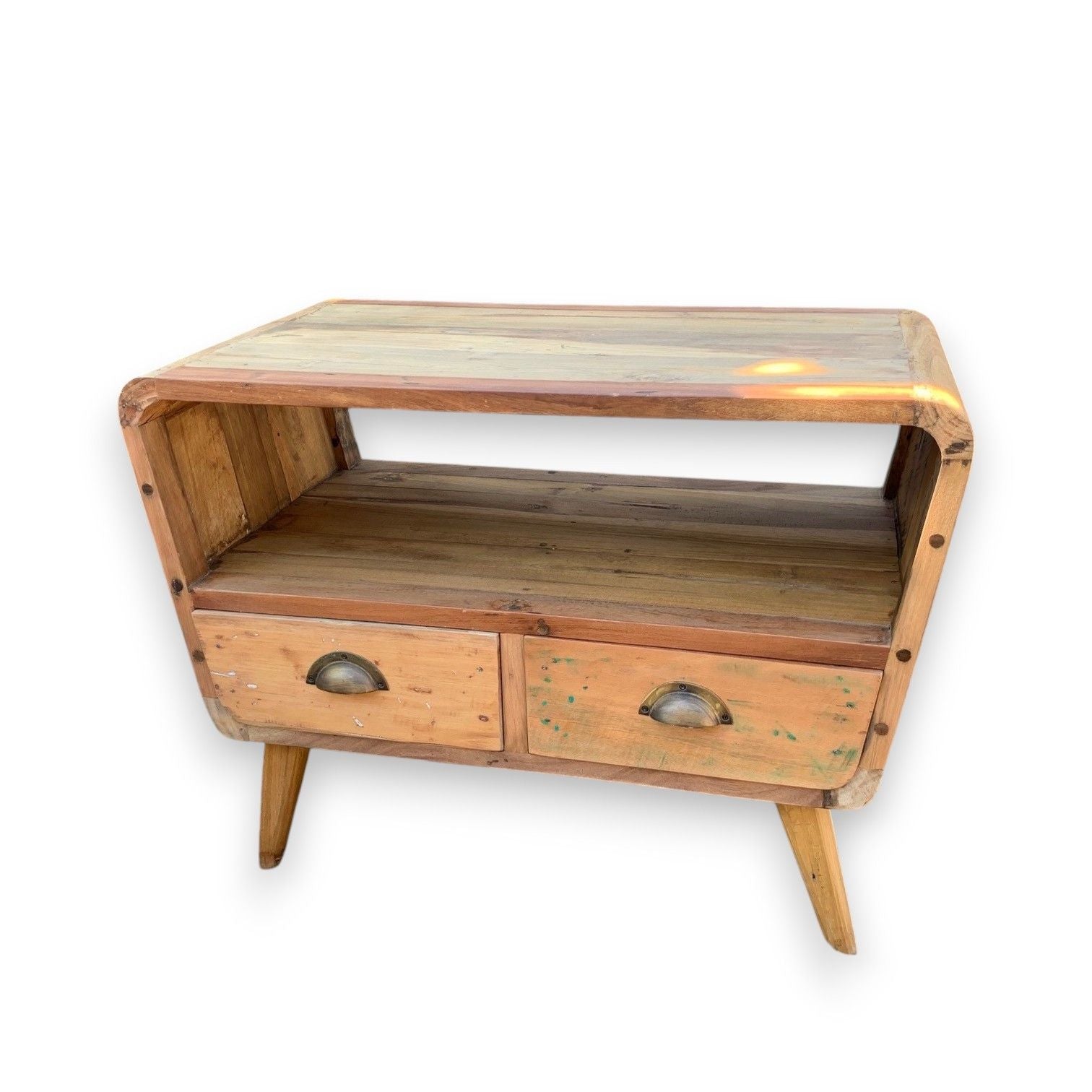 Small Round TV Stand with 2 Drawers & Open Shelf | Recycled Teak Wood – Handcrafted in Bali