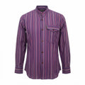 Front view of the Nomad Sari Grandad Shirt featuring bold vertical purple and black stripes on breathable cotton fabric.