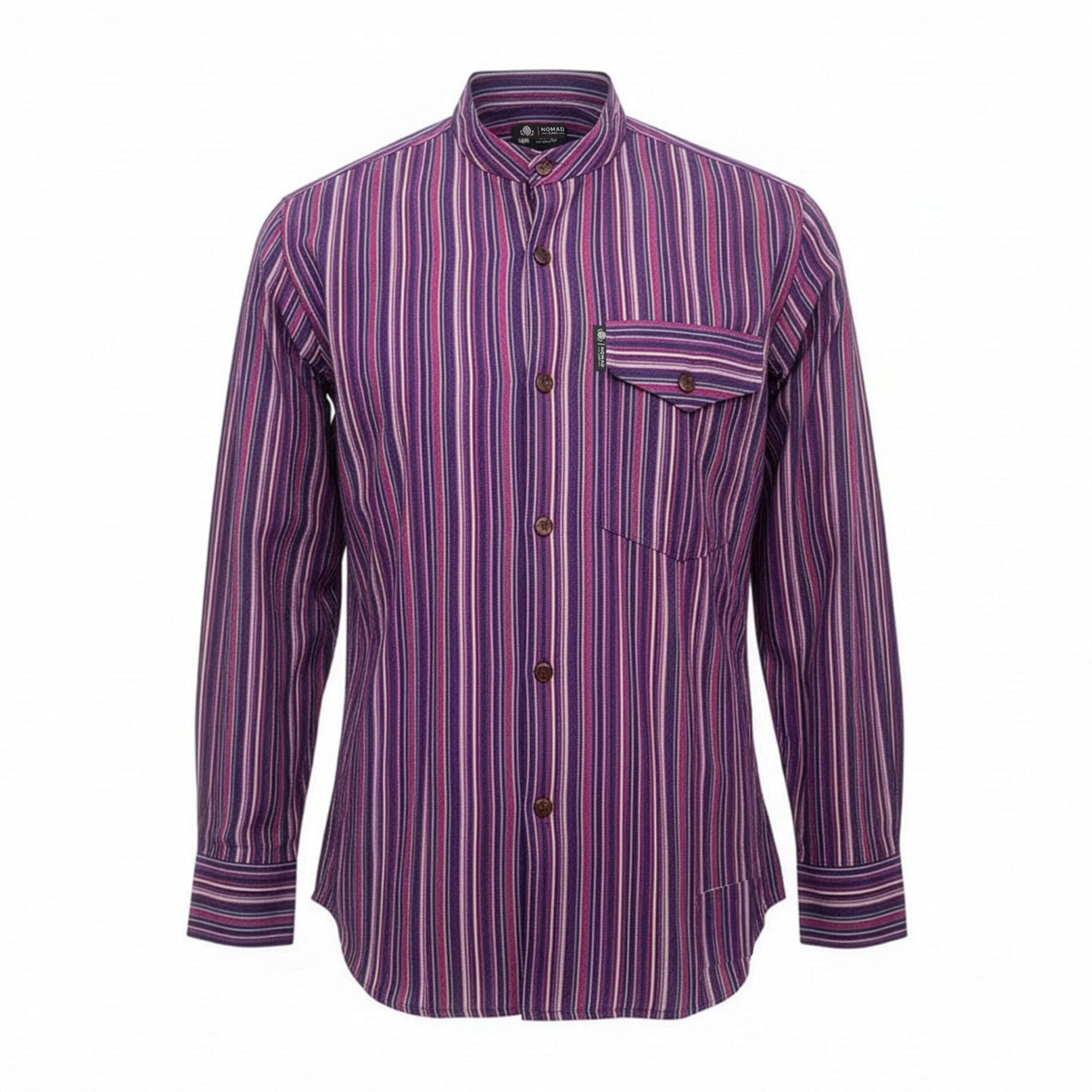 Front view of the Nomad Sari Grandad Shirt featuring bold vertical purple and black stripes on breathable cotton fabric.