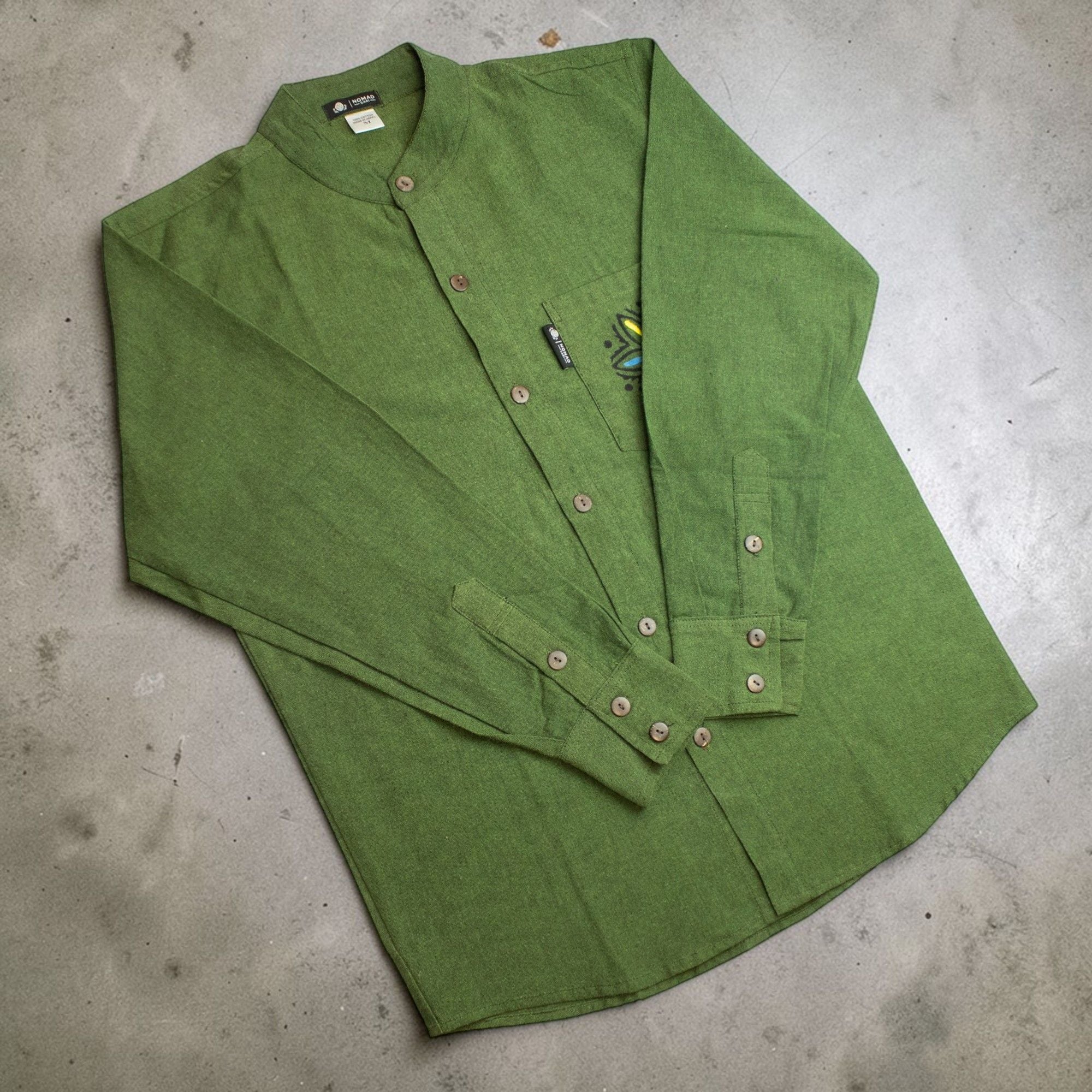 Front view of the Forest Green Nomad Sari Kathmandu Shirt showing the collarless neckline and hand-painted pocket detail.