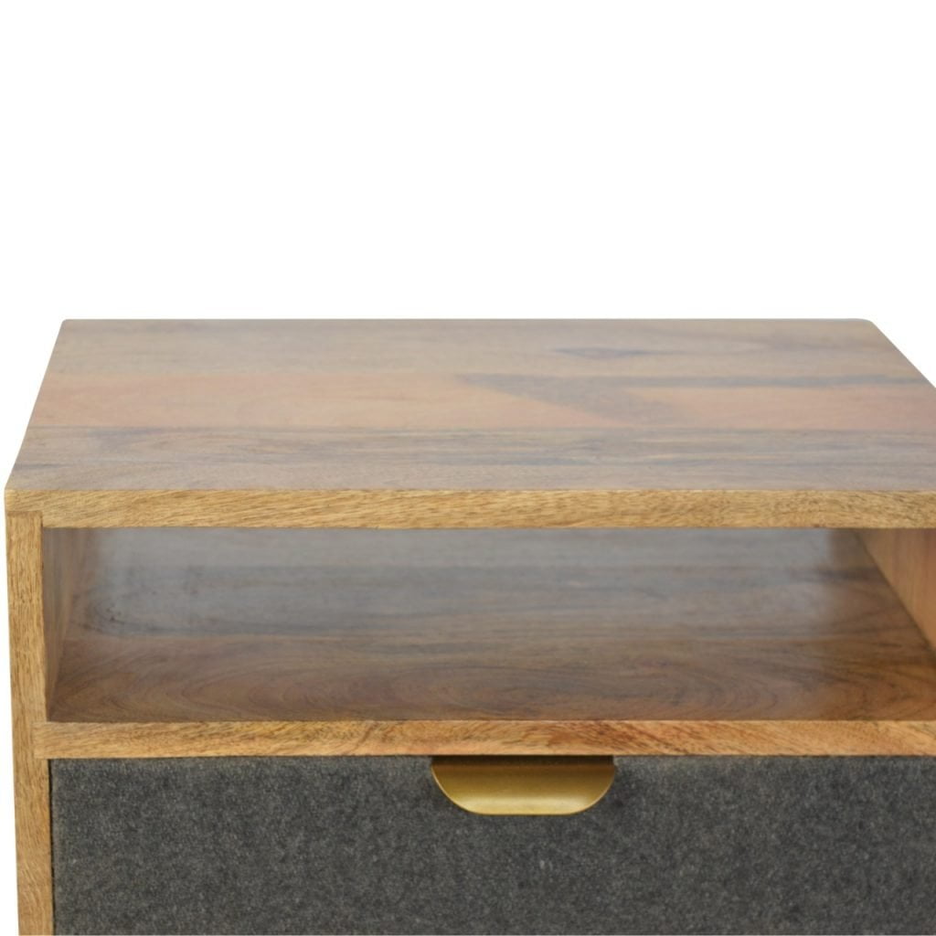 Grey Tweed Bedside Table with Open Slot Shelf and Drawer, Handmade Solid Wood, Upholstered Finish