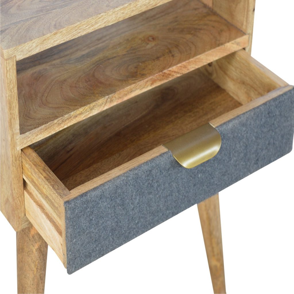Grey Tweed Bedside Table with Open Slot Shelf and Drawer, Handmade Solid Wood, Upholstered Finish