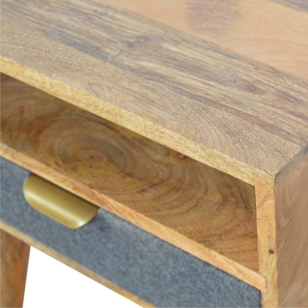 Grey Tweed Bedside Table with Open Slot Shelf and Drawer, Handmade Solid Wood, Upholstered Finish