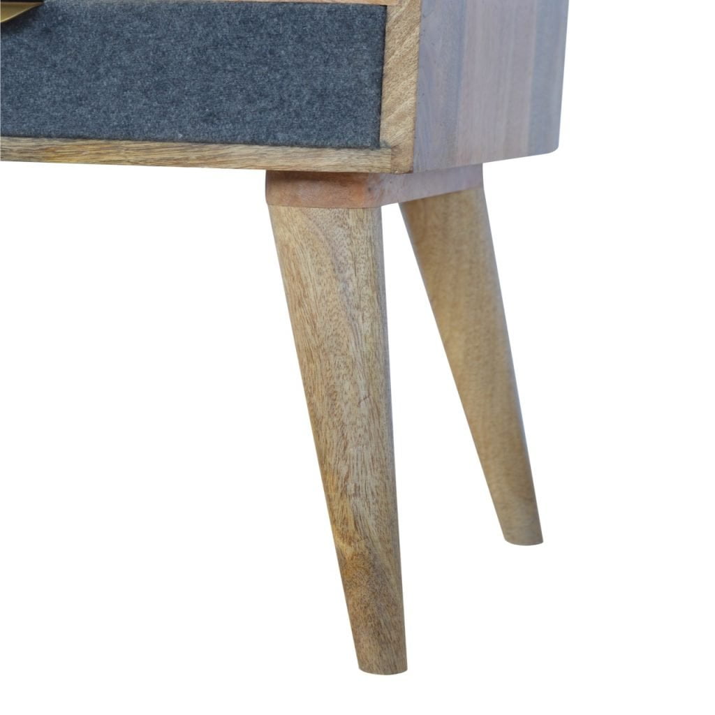 Grey Tweed Bedside Table with Open Slot Shelf and Drawer, Handmade Solid Wood, Upholstered Finish