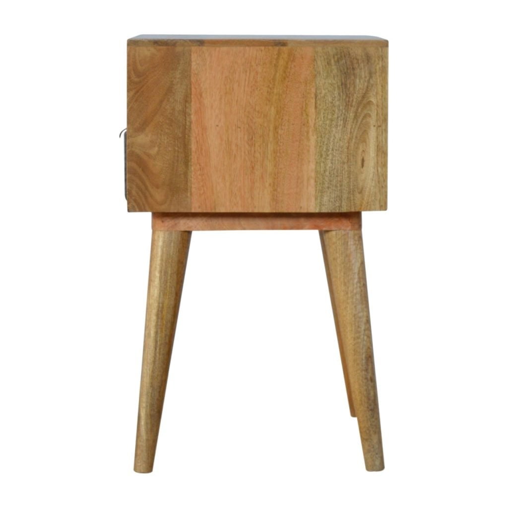 Grey Tweed Bedside Table with Open Slot Shelf and Drawer, Handmade Solid Wood, Upholstered Finish