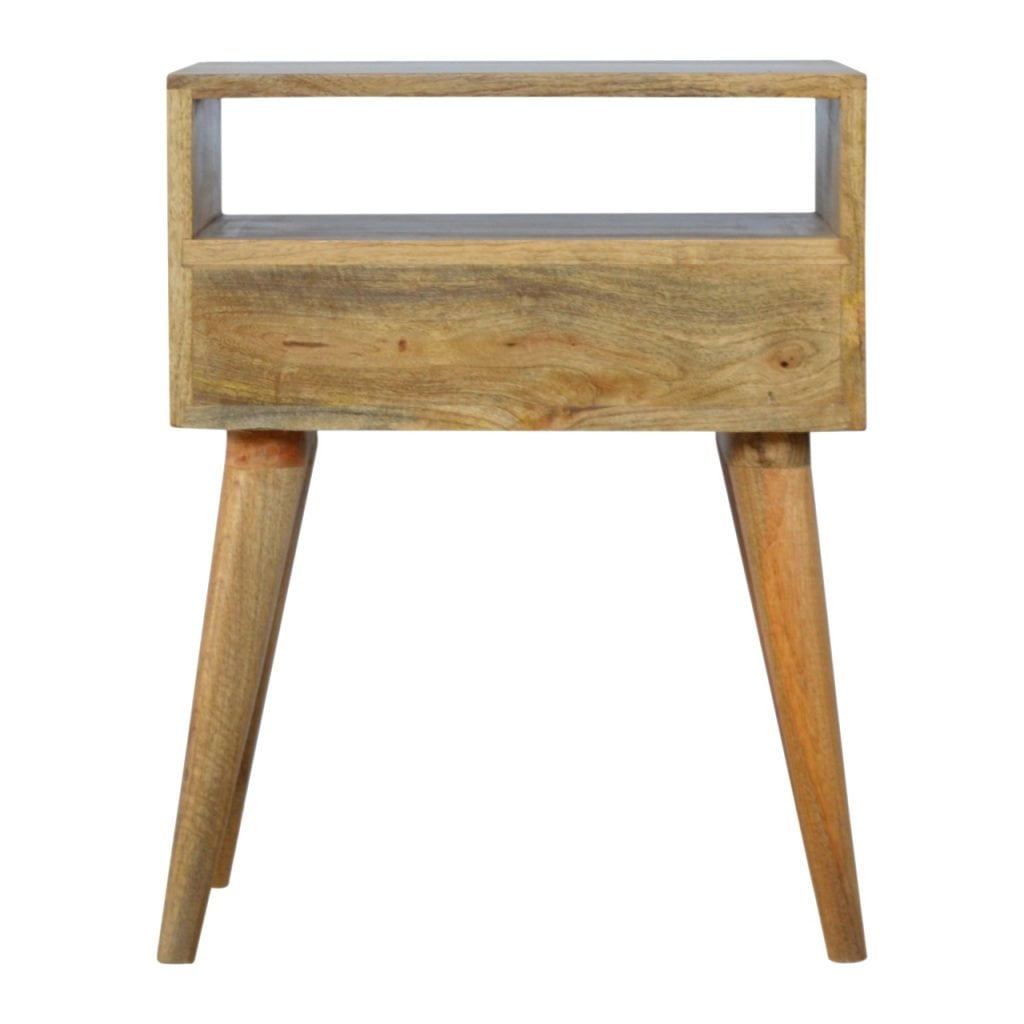 Grey Tweed Bedside Table with Open Slot Shelf and Drawer, Handmade Solid Wood, Upholstered Finish