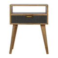 Grey Tweed Bedside Table with Open Slot Shelf and Drawer, Handmade Solid Wood, Upholstered Finish