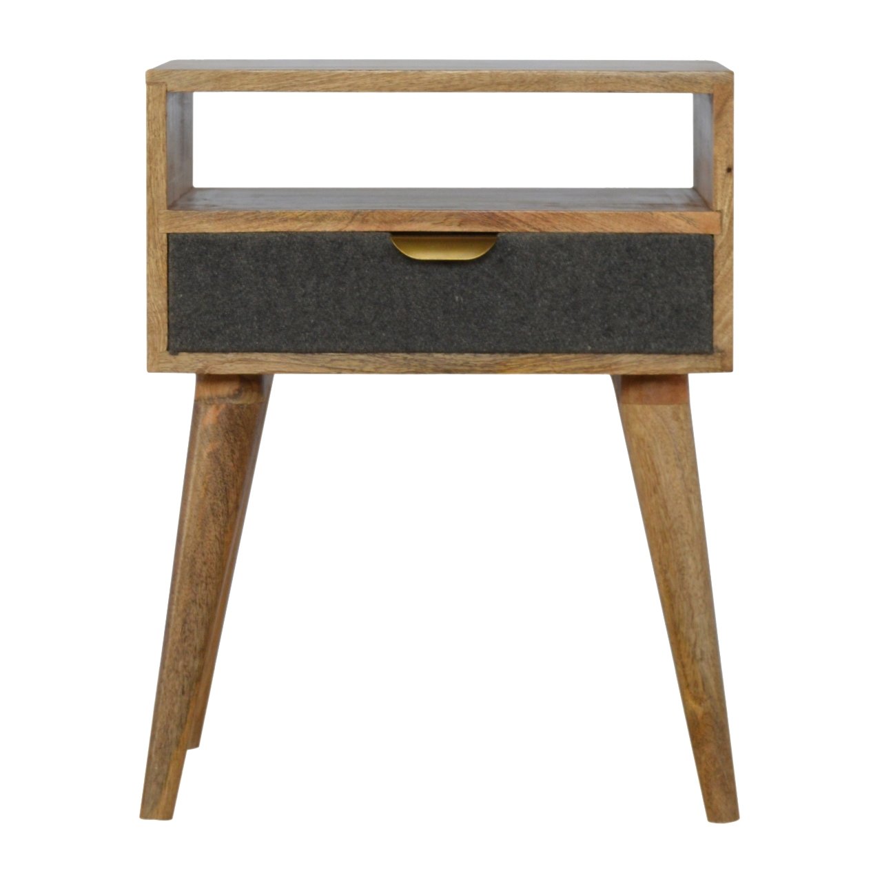 Grey Tweed Bedside Table with Open Slot Shelf and Drawer, Handmade Solid Wood, Upholstered Finish